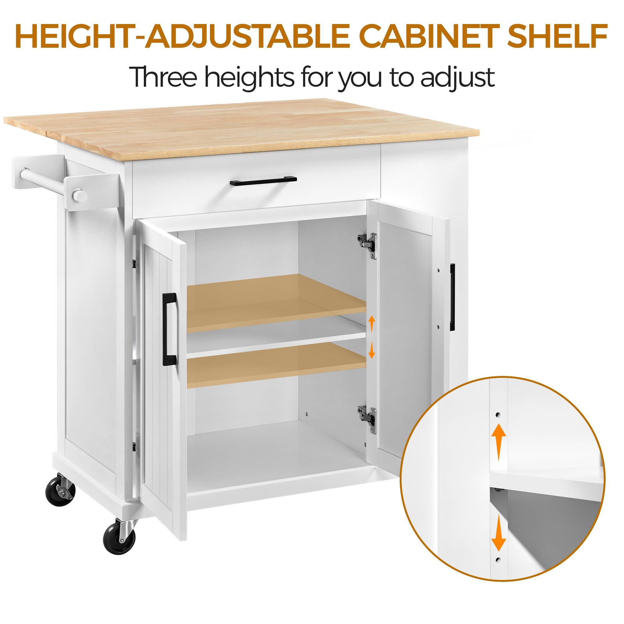 Yaheetech Rolling Kitchen Island Cart with Drop Leaf, Portable Rubberwood Breakfast Bar with Storage Cabinet, Open Shelves & Detachable Towel, 2 Drawers, White - Image 5