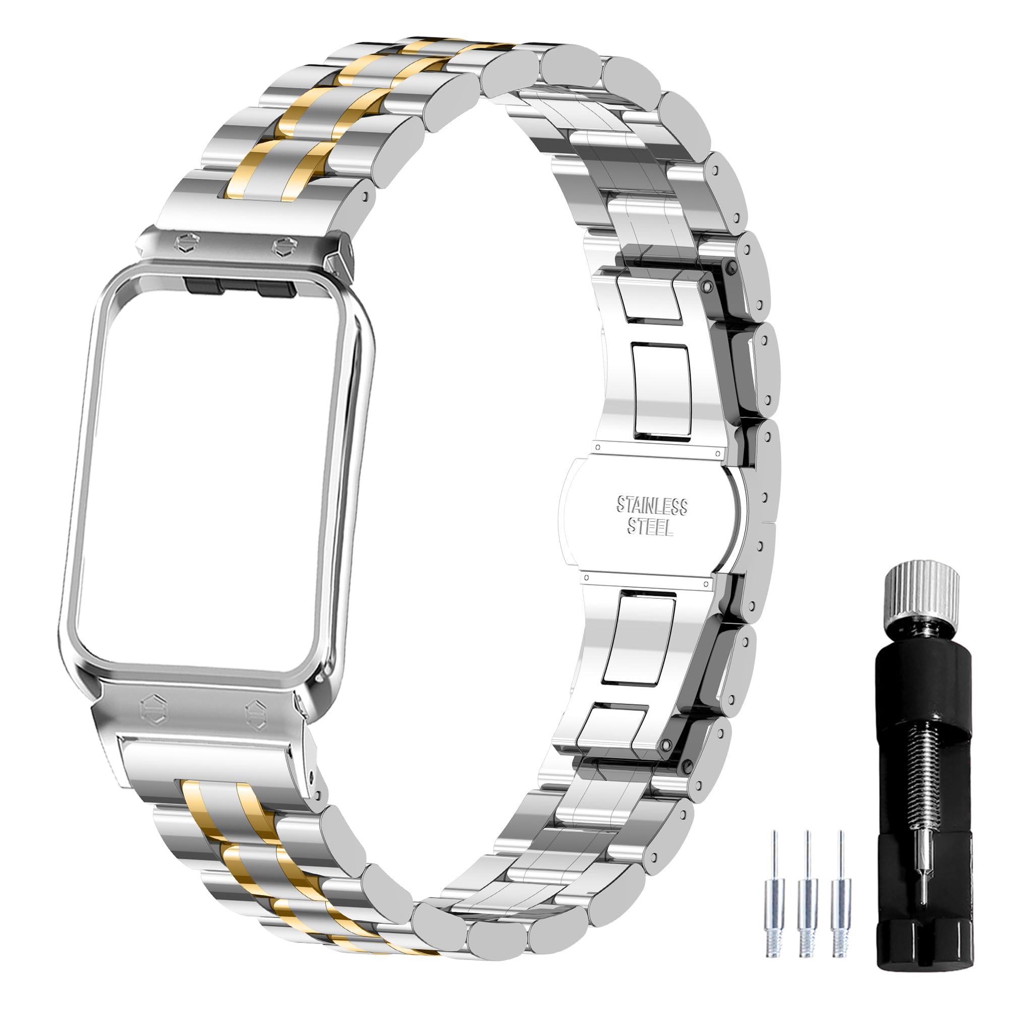 Gheper Metal Watchband Compatible with Samsung Galaxy Fit3[2024] SM-R390 Smartwatch Accessory 316L Stainless Steel Protective Frame Case Design Replacement Wrist Strap Bracelet for Women Men