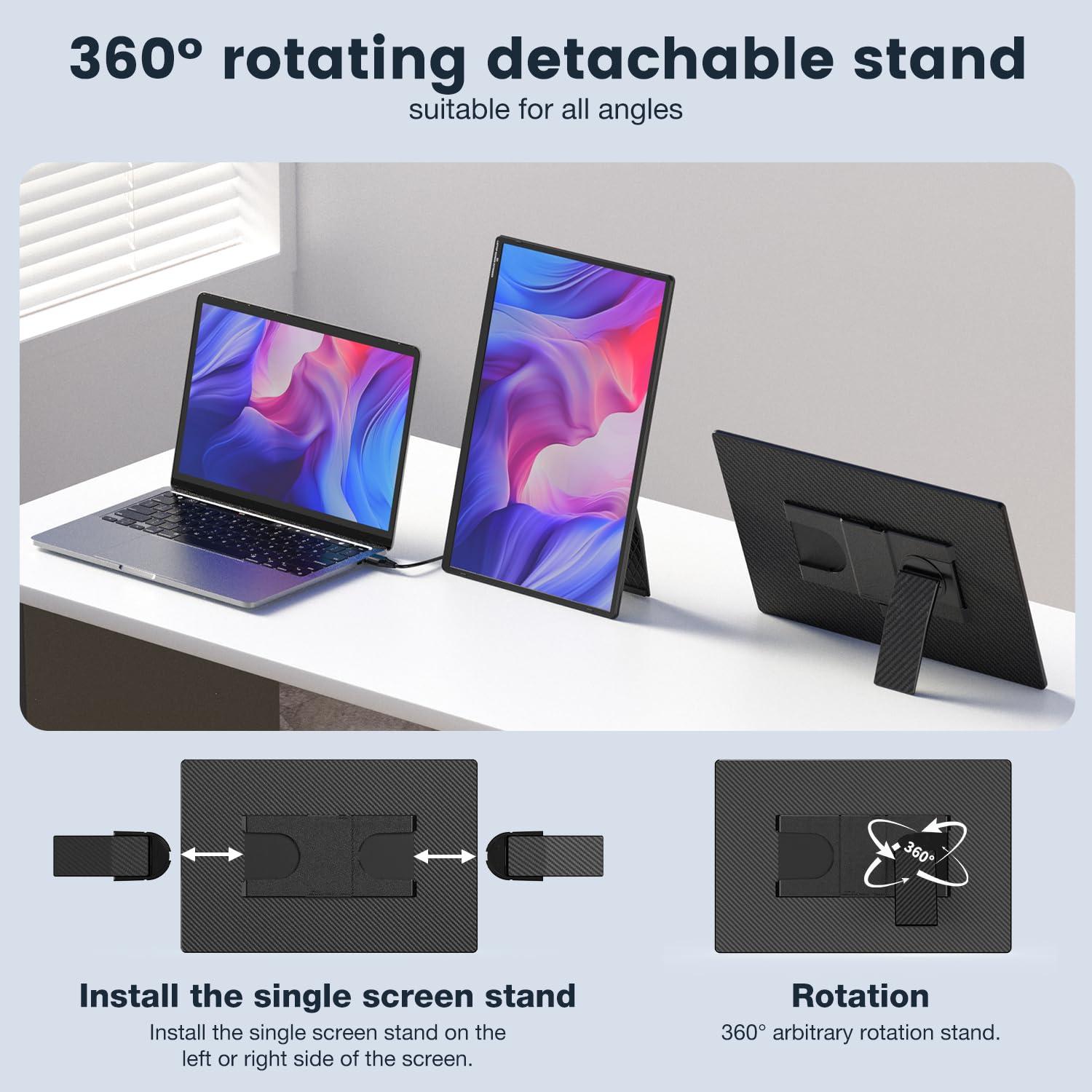 FLYTOCCA Portable Monitor, 16 Inch FHD 1200P, 360° Rotating Detachable Stand, Plug&Play Travel Monitor for Laptop, Ultra-Thin Zero Frame, Premium Smart Cover, Portable Screen for Laptop/PC/Mac - Image 4