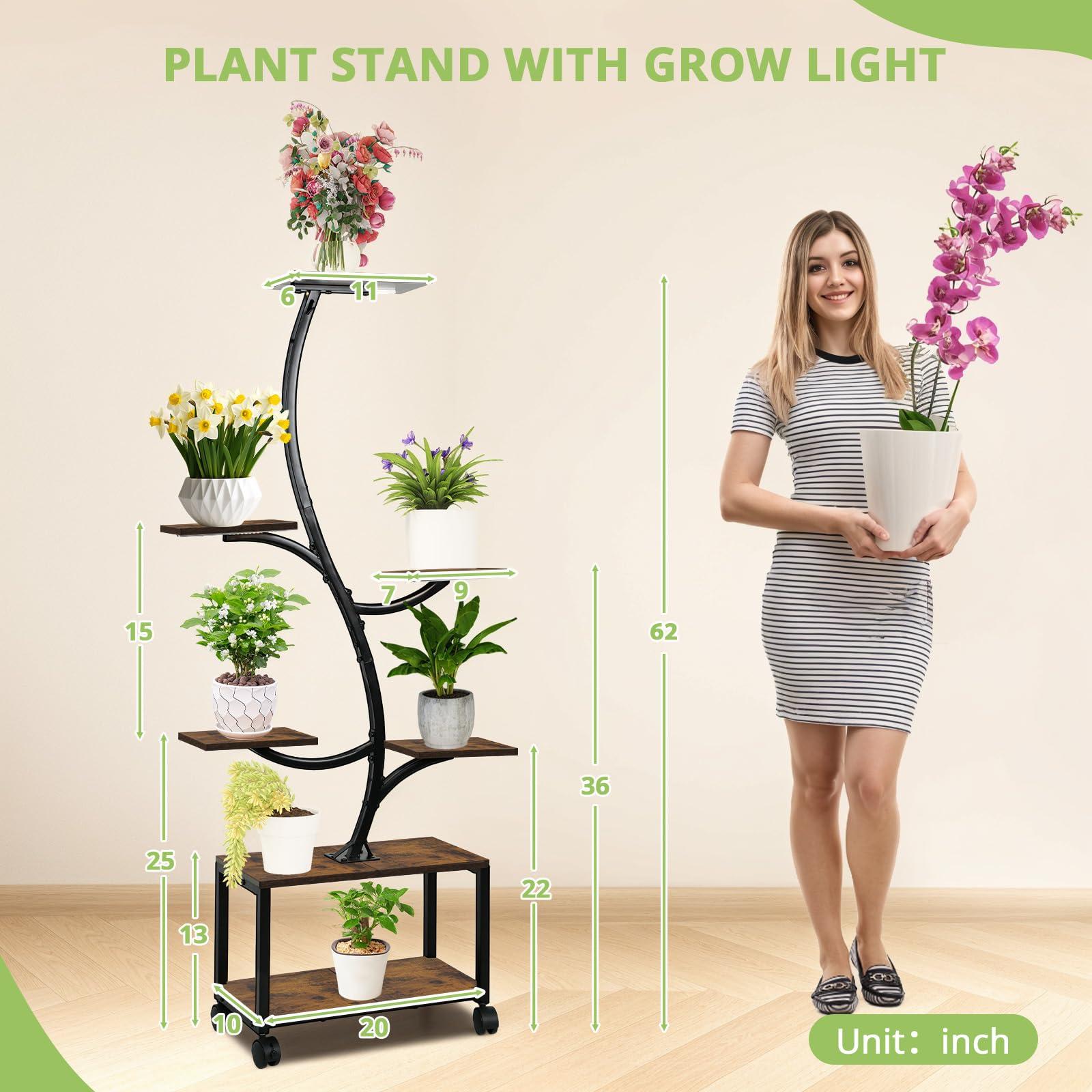 Plant Stand Indoor with Grow Lights, 62" Plant Stand with Locking Wheels, 7 Tiered Plant Shelf Adjustable Brightness with Remote Control, Metal Tall Plant Flower Holde for Living Room, Patio (Brown) - Image 2