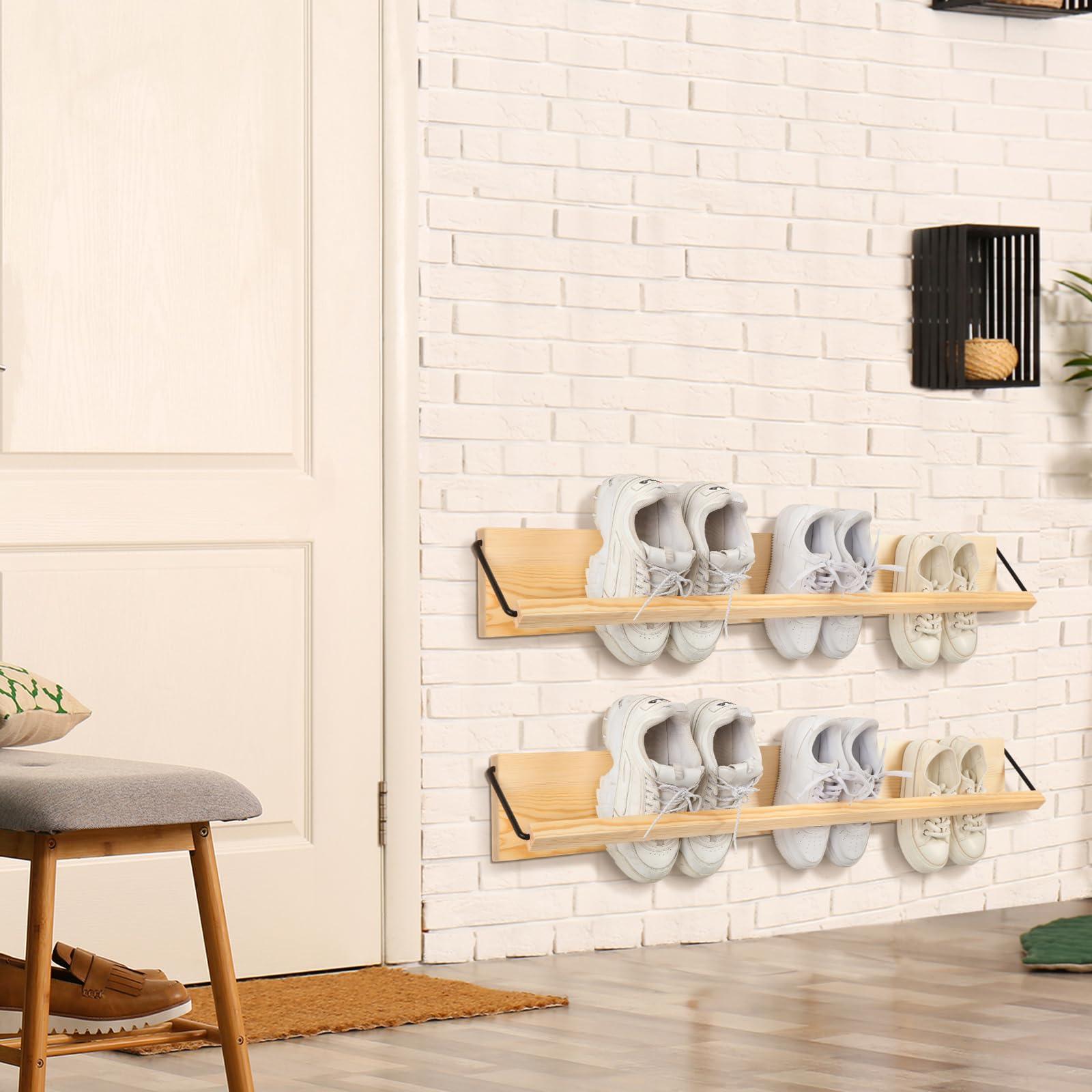 Mifoci 2 Pcs Wall Mounted Shoe Rack Organizer Wooden Modern Compact Wall Space Saving Shoe Holder Storage for Sneaker Footwear Slipper Boots Entryway Narrow Spaces Hallway(39.37'' Long) - Image 6