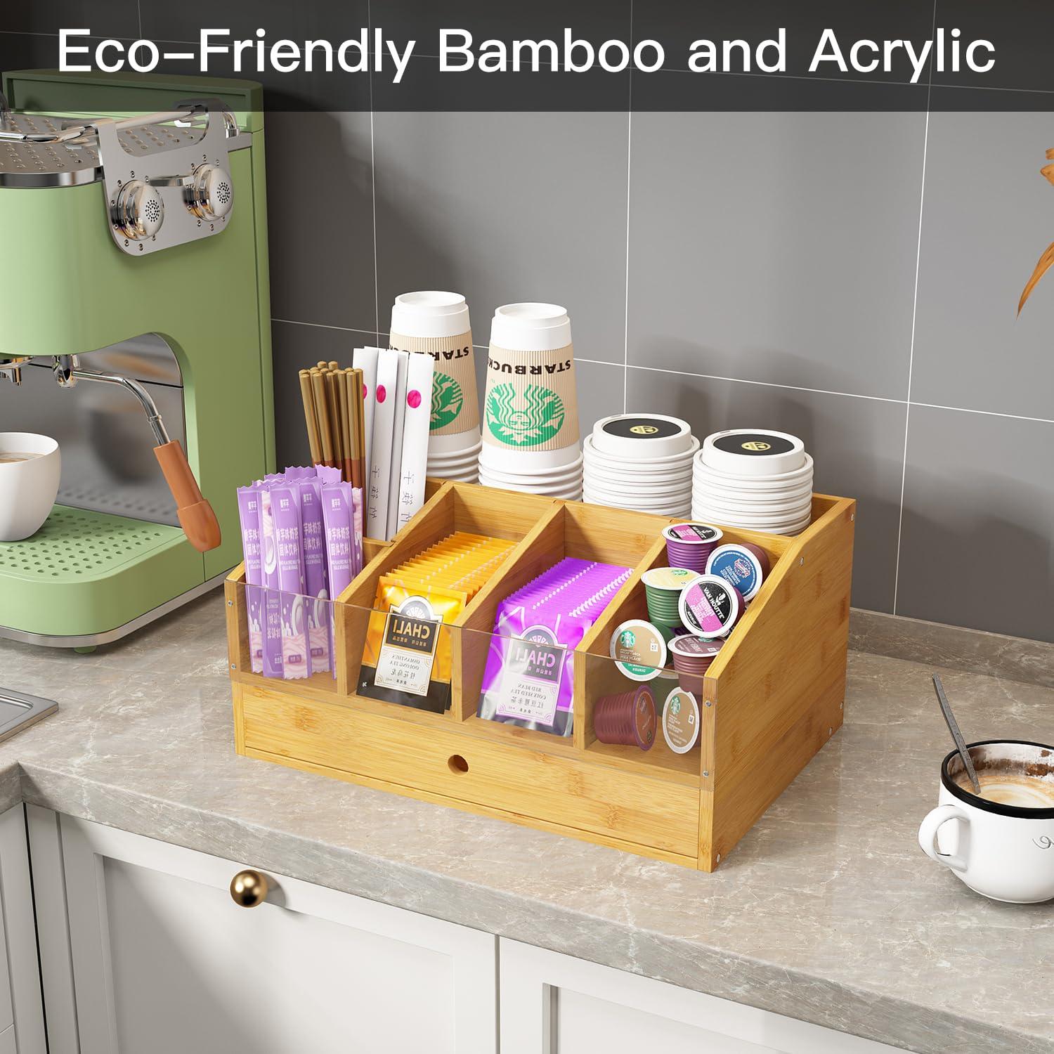 AEEHFENG Coffee Station Organizer for Countertop Coffee Condiment Organizer, Office Coffee Station, Small Cute Coffee Bar Organizer – Bamboo & Wooden Storage with Removable Dividers & Drawer - Image 3
