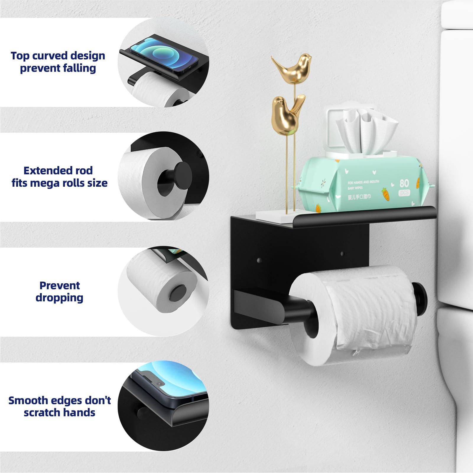 GLNLQ Matte Black Toilet Paper Holder with Shelf, Fits Mega Rolls, Rustproof Stainless Steel, Self Adhesive Wall Mount Toilet Paper Roll Holder, for Bathroom, Washroom, Kitchen, RV - Image 4
