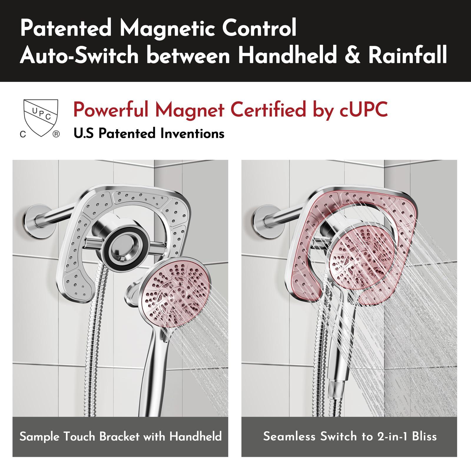 PRIMSOPH Shower Head Handheld Spray Combo 10 Mode Spray Settings Magnetic 2-in-1 High Pressure Dual Showerhead Auto-Switch Square Combination, Chrome - Image 2