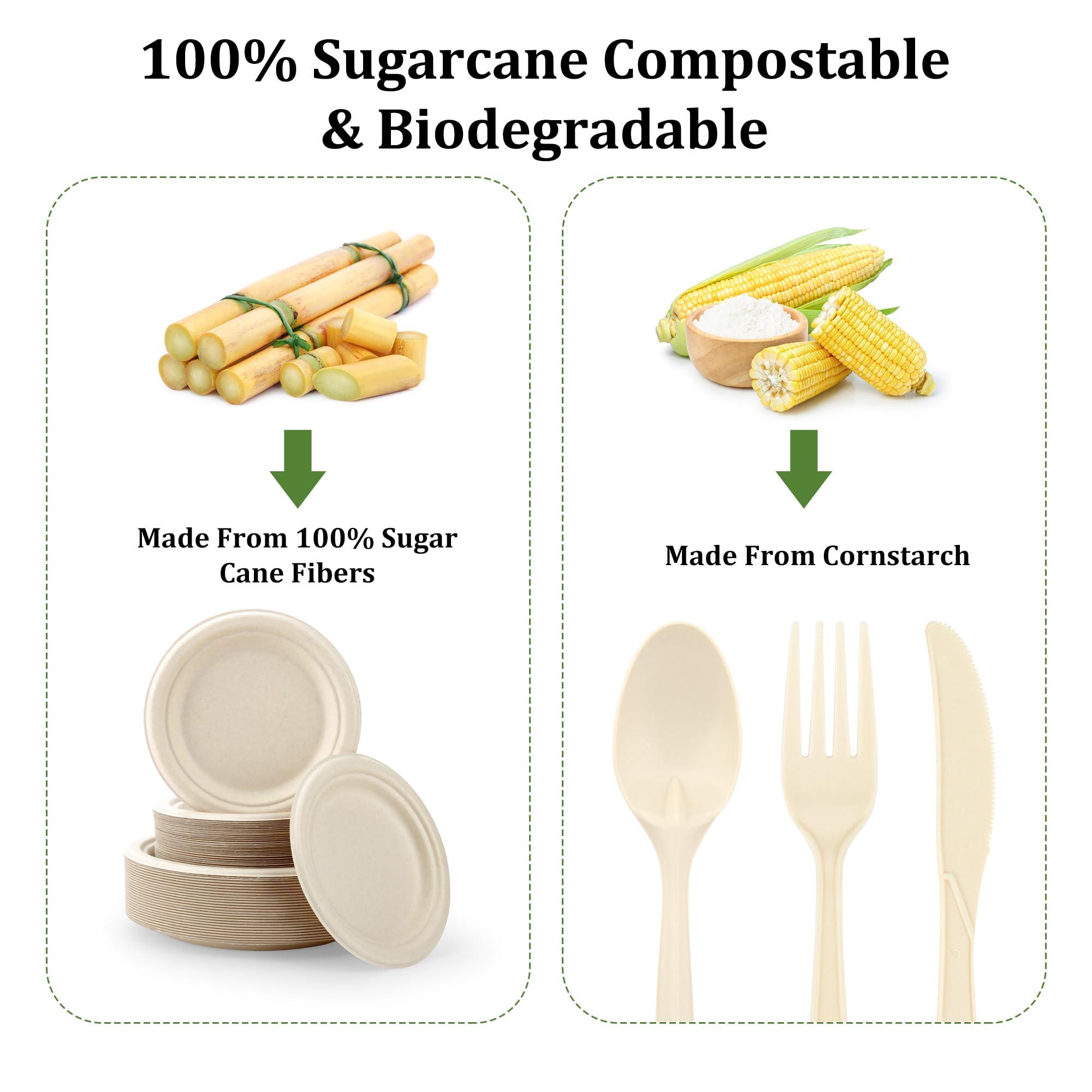 FEHHTO Compostable Paper Plates Set, 250PCS Disposable Heavy-Duty Sugarcane Plate and Eco-Friendly Utensil Biodegradable Dinnerware Plates, Extra Long Forks & Knives & Spoons for Party - Image 3
