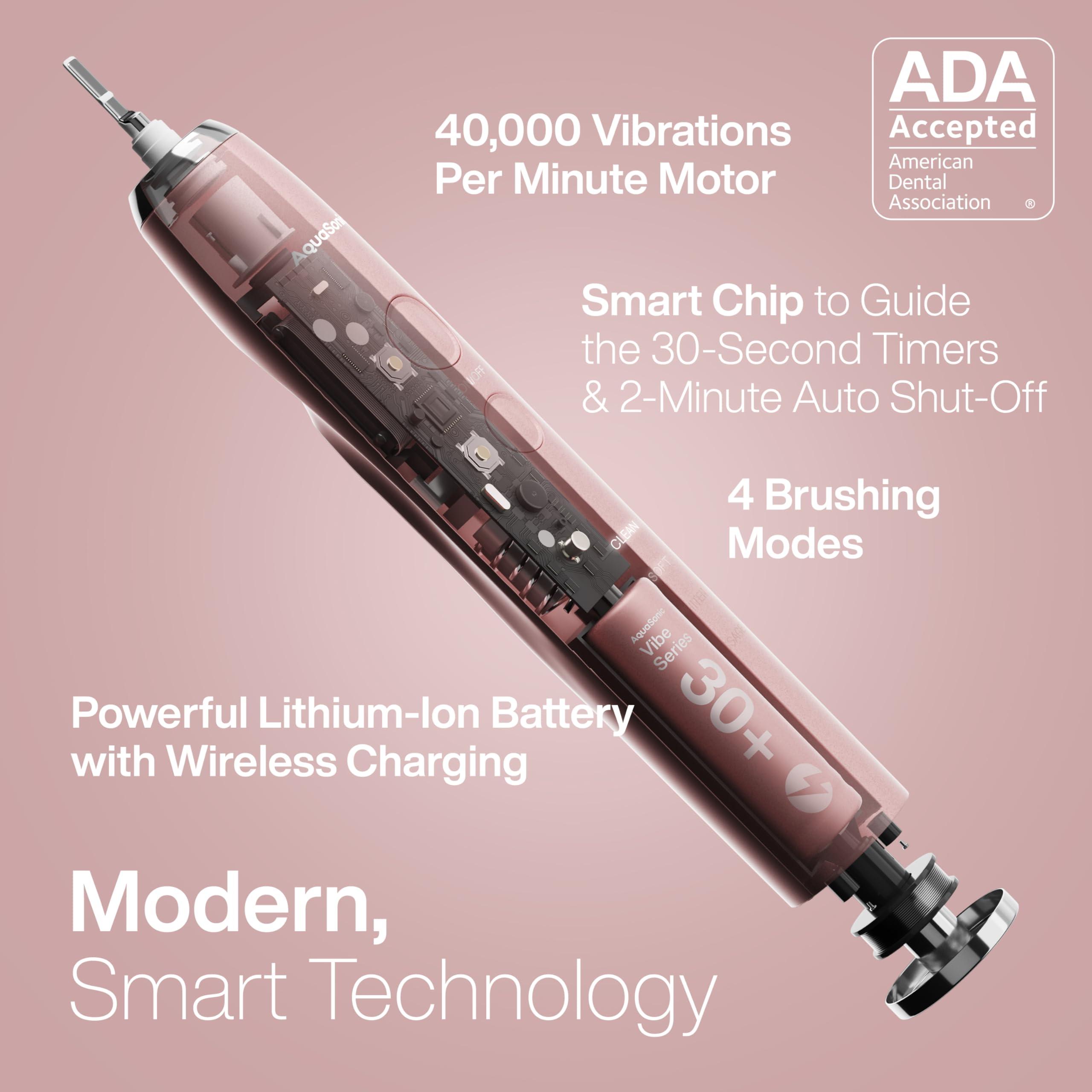 Aquasonic Vibe Series Ultra-Whitening Toothbrush – ADA Accepted Electric Toothbrush - 8 Brush Heads & Travel Case – 40,000 VPM Motor & Wireless Charging - 4 Modes w Smart Timer – Satin Rose Gold - Image 2