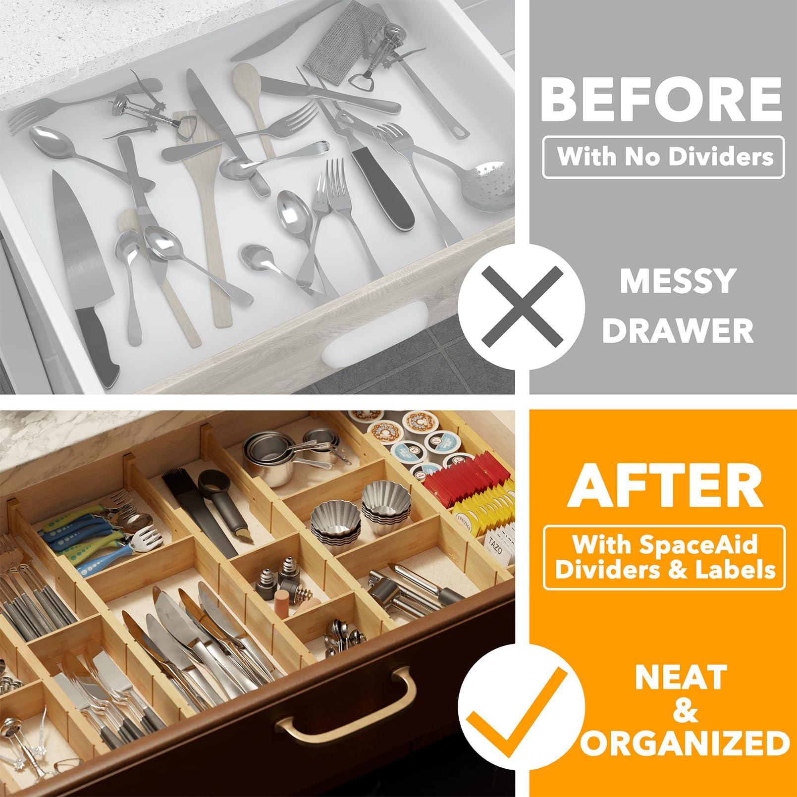 SpaceAid Bamboo Drawer Dividers with Inserts and Labels, Kitchen Adjustable Drawer Organizers, Expandable Organization for Home, Office, Dressers, 10 Dividers with 24 Inserts (17"-22" Natural) - Image 3