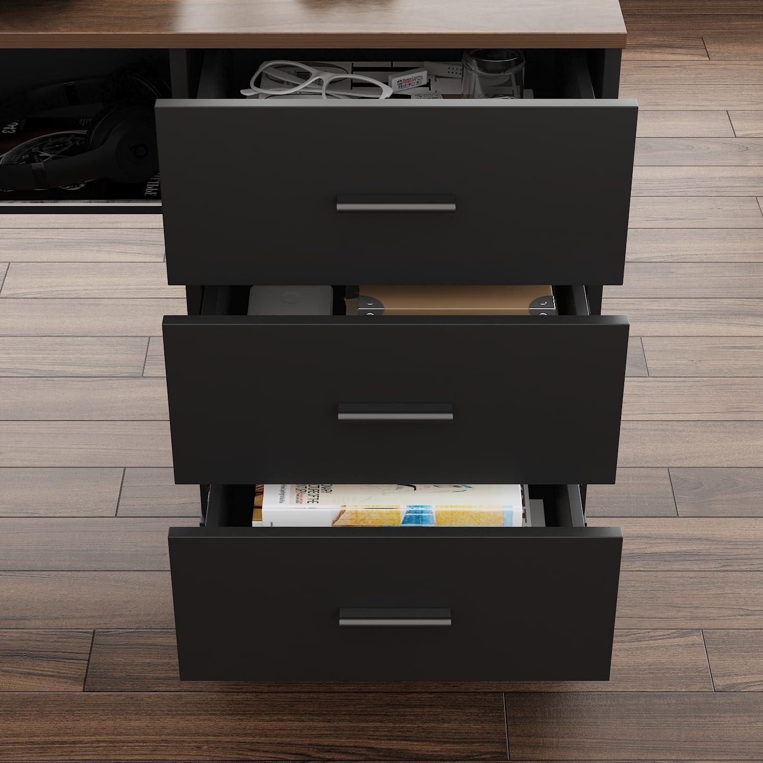 MOUMON Electric Standing Desk with Drawers and Shelves, Executive Adjustable Height Desk, L-Shaped Design, 63 inch Tabletop, for Office Deep Brown and Black (63”W x 63”D x 28.4-45.8”H) - Image 7