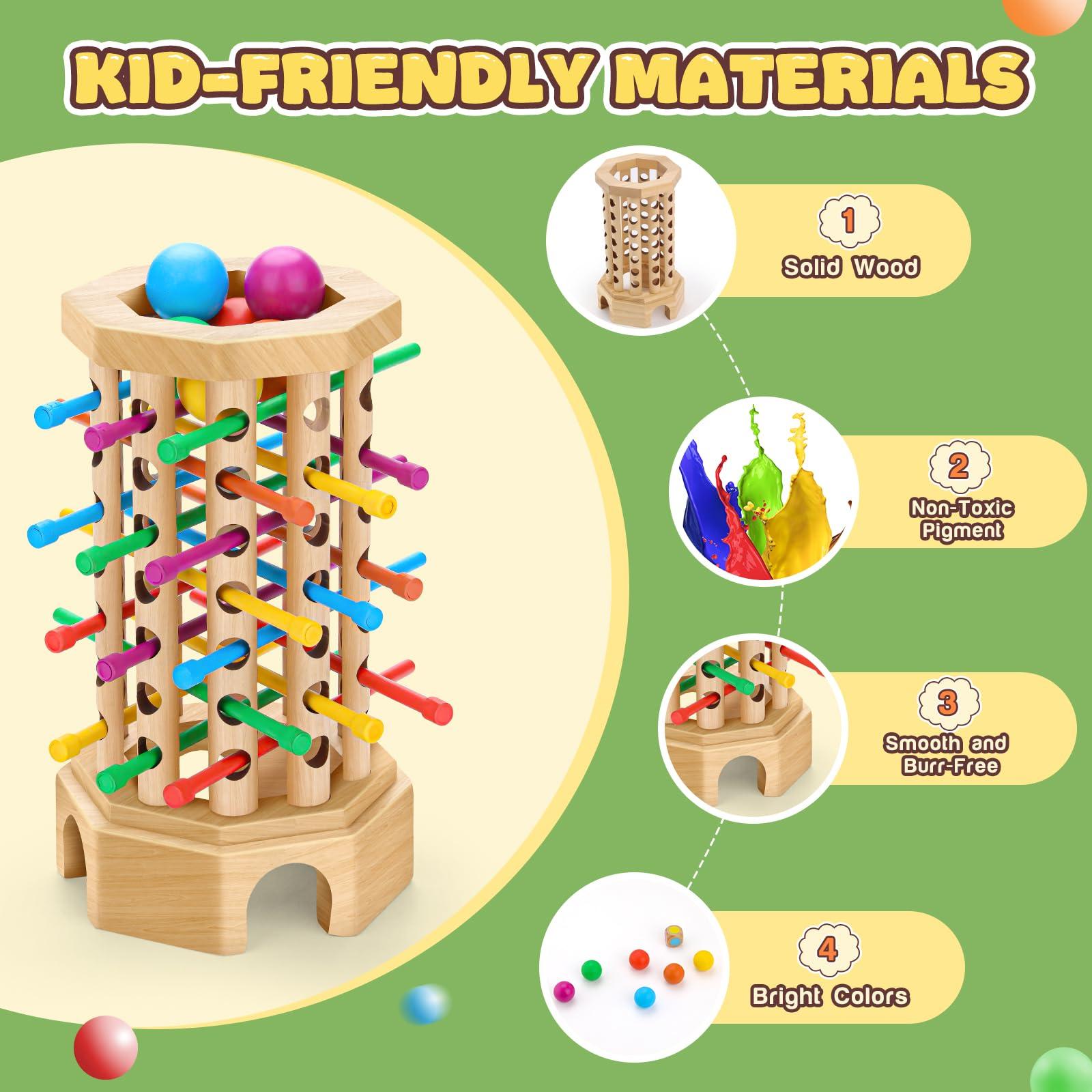Montessori Wooden Board Game for Kids 3-6 Years - Educational Learning Toy with Colorful Sticks, Dice& Balls - Fine Motor Skills, Classic Tower Games for Family Night - Gift for Toddlers Boys Girls - Image 4