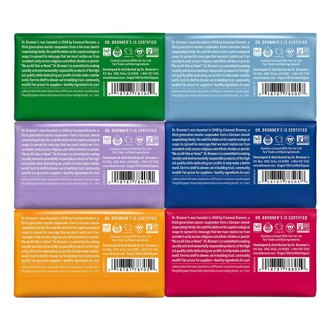 Dr. Bronner's - Pure-Castile Bar Soap (5 Ounce Variety Gift Pack) Almond, Unscented, Lavender, Peppermint, Citrus, Rose - Made with Organic Oils - Image 2