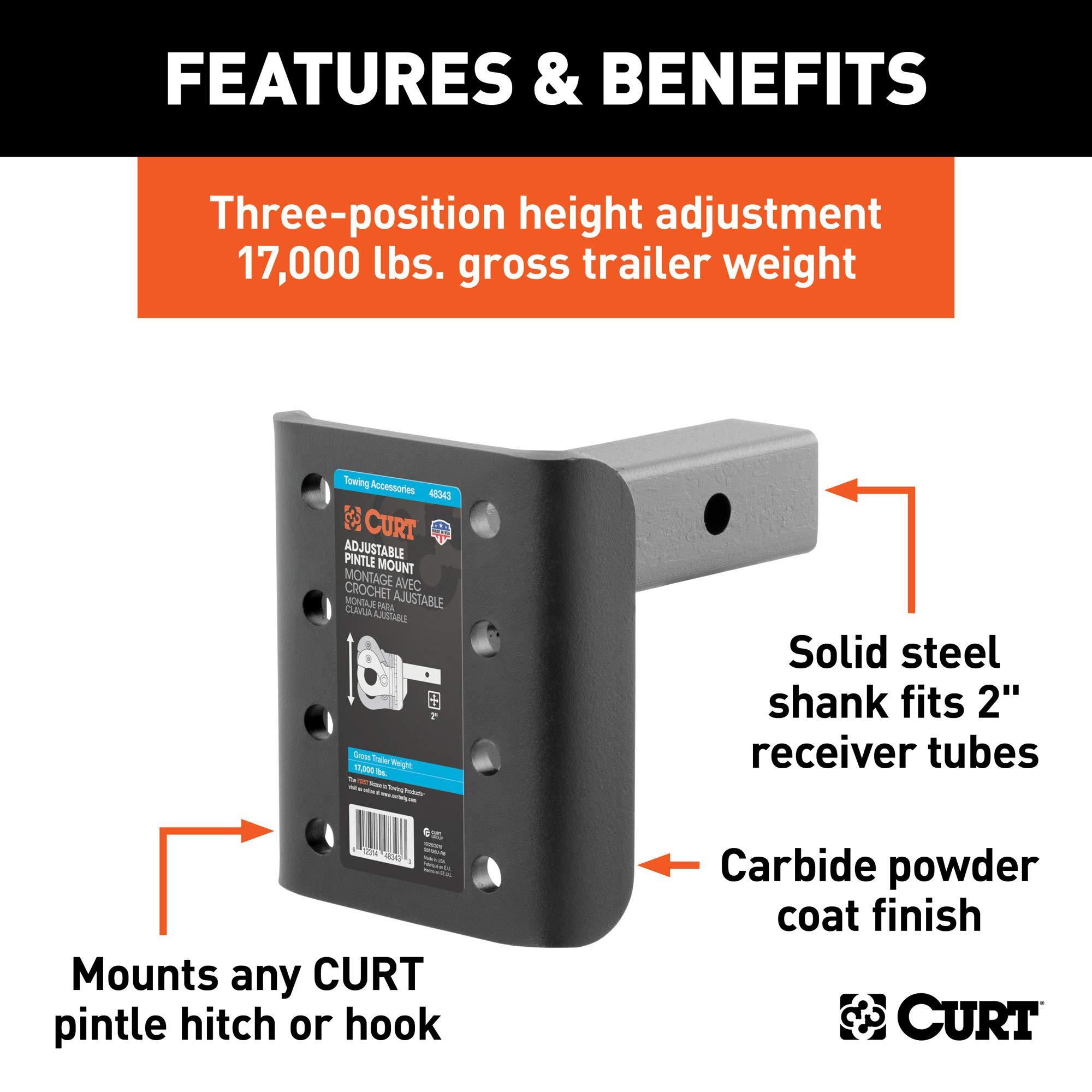 CURT 48343 Adjustable Pintle Mount for 2-Inch Hitch Receiver, 17,000 lbs, 7-1/4-Inch Height, 6-Inch Length - Image 3