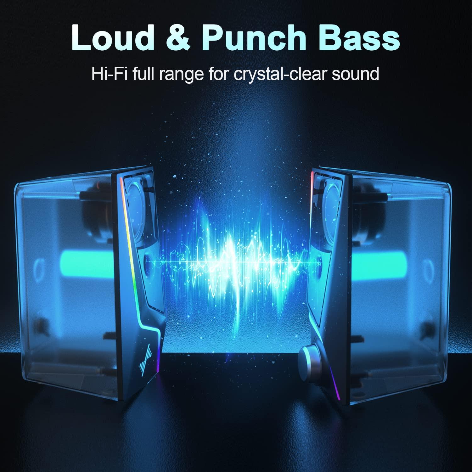 Computer Speakers, PC Speakers with 6 Lighting Modes, USB Powered Computer Speakers for Desktop Monitor with 2 Bass-Boost Ports, 2 Speaker Units, and 3.5mm Aux-in Cable for PC, Laptop, Tablet, Phone - Image 3