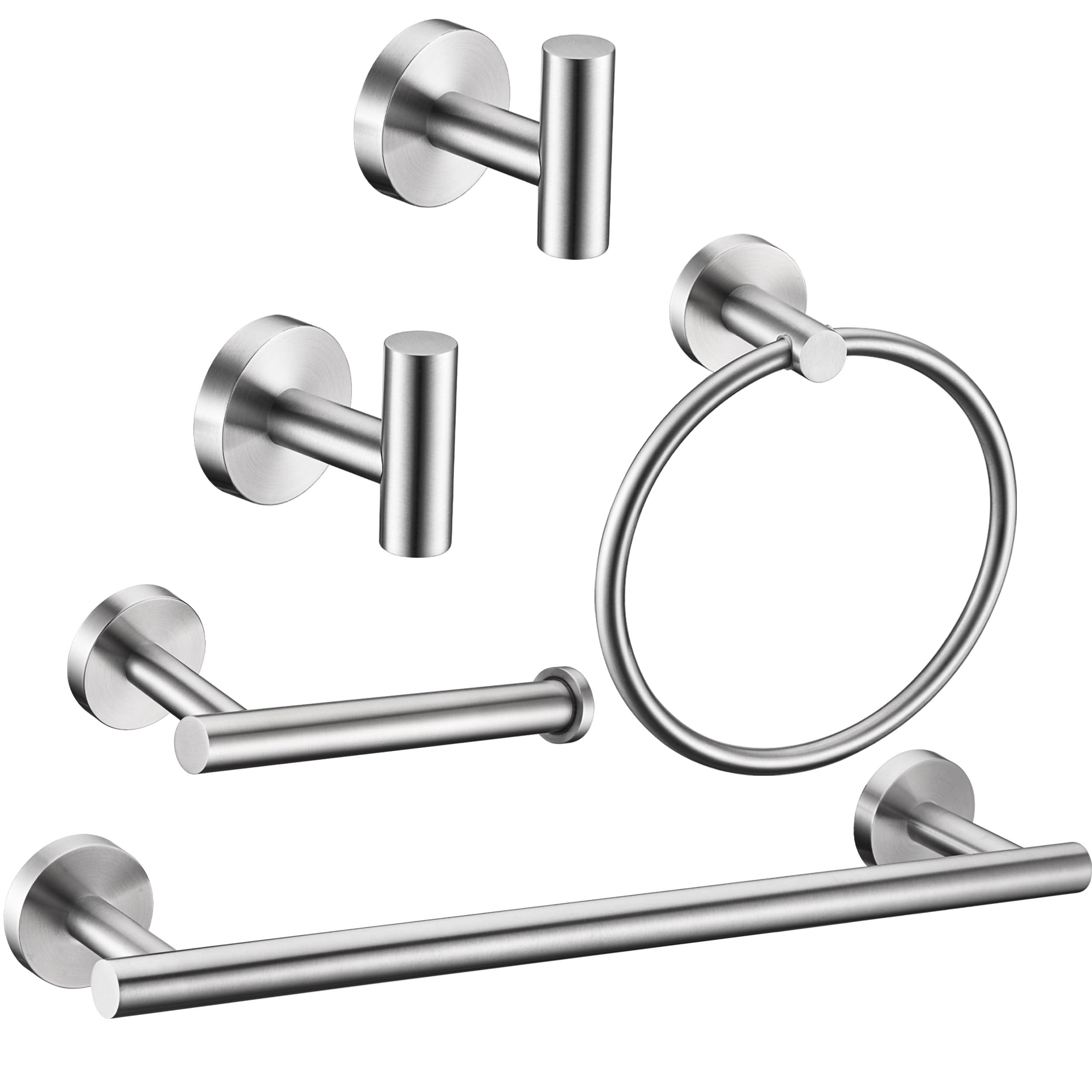 5 Pieces Brushed Nickel Bathroom Hardware Set Include 16inch Towel Bar,2pcsTowel Hooks,Toilet Paper Holder,Hand Towel Ring Round SUS304 Stainless Steel Bathroom Accessories Set Heavy Duty Wall Mounted