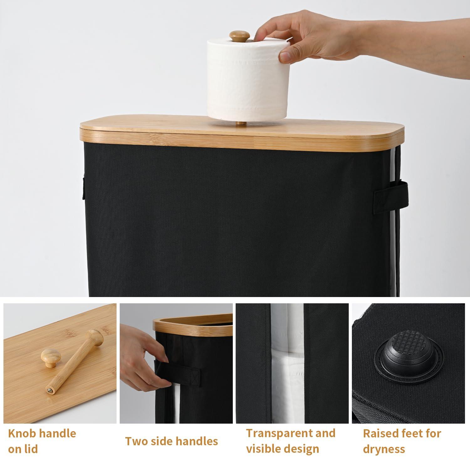 32L Bathroom Toilet Paper Storage Basket with Lid and Handle - Mega Capacity， Bamboo Collapsible Toilet Paper Holder Storage with Non-Slip Bottom, Extra Toilet Roll Storage, Starry Black，1 Pack - Image 4