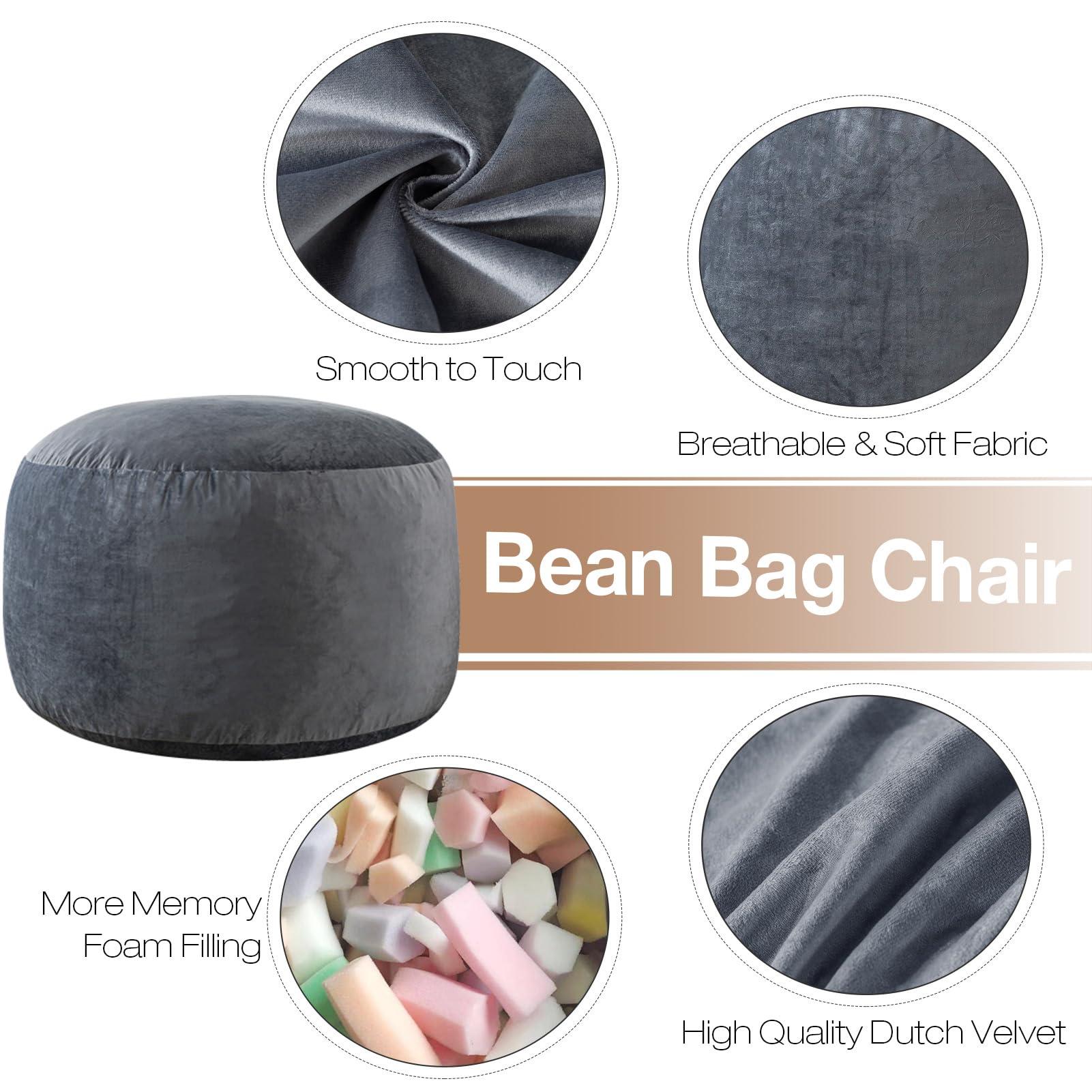 Large Bean Bag Chair: 3 ft Memory Foam Bean Bag Chairs for Adults/Kids,Bean Bag Chair with Fillings,Soft Faux Fur Fabric - Dutch Velvet, Grey, 3 Foot - Image 4