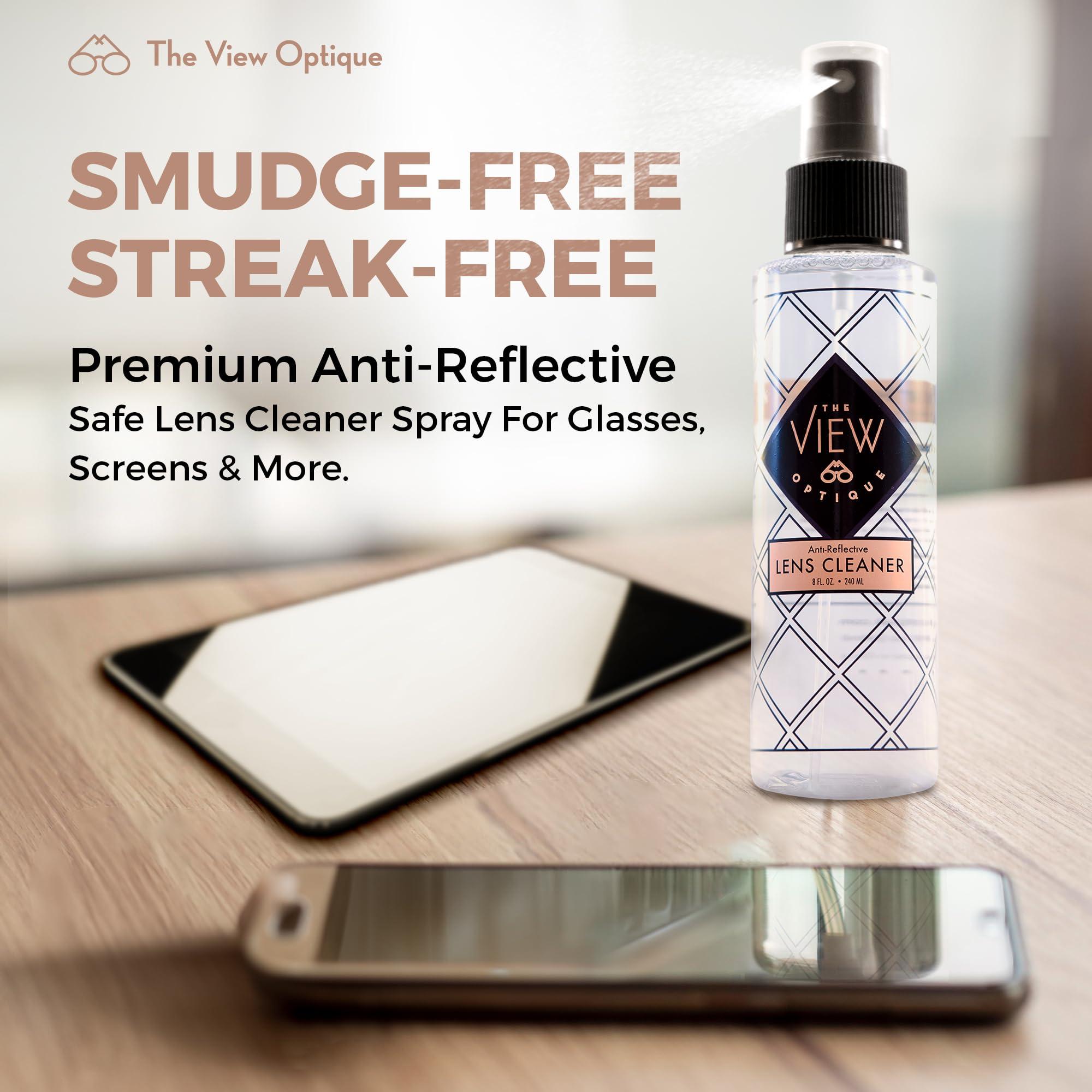the view optique Anti-Reflective Safe Lens Cleaner Spray Kit – (1) 8oz Glasses Cleaner Spray & (26) Pre-Moistened Lens Wipes for Eyeglasses, Sunglasses, Lenses, Screens & Camera Cleaning Kit - Image 2