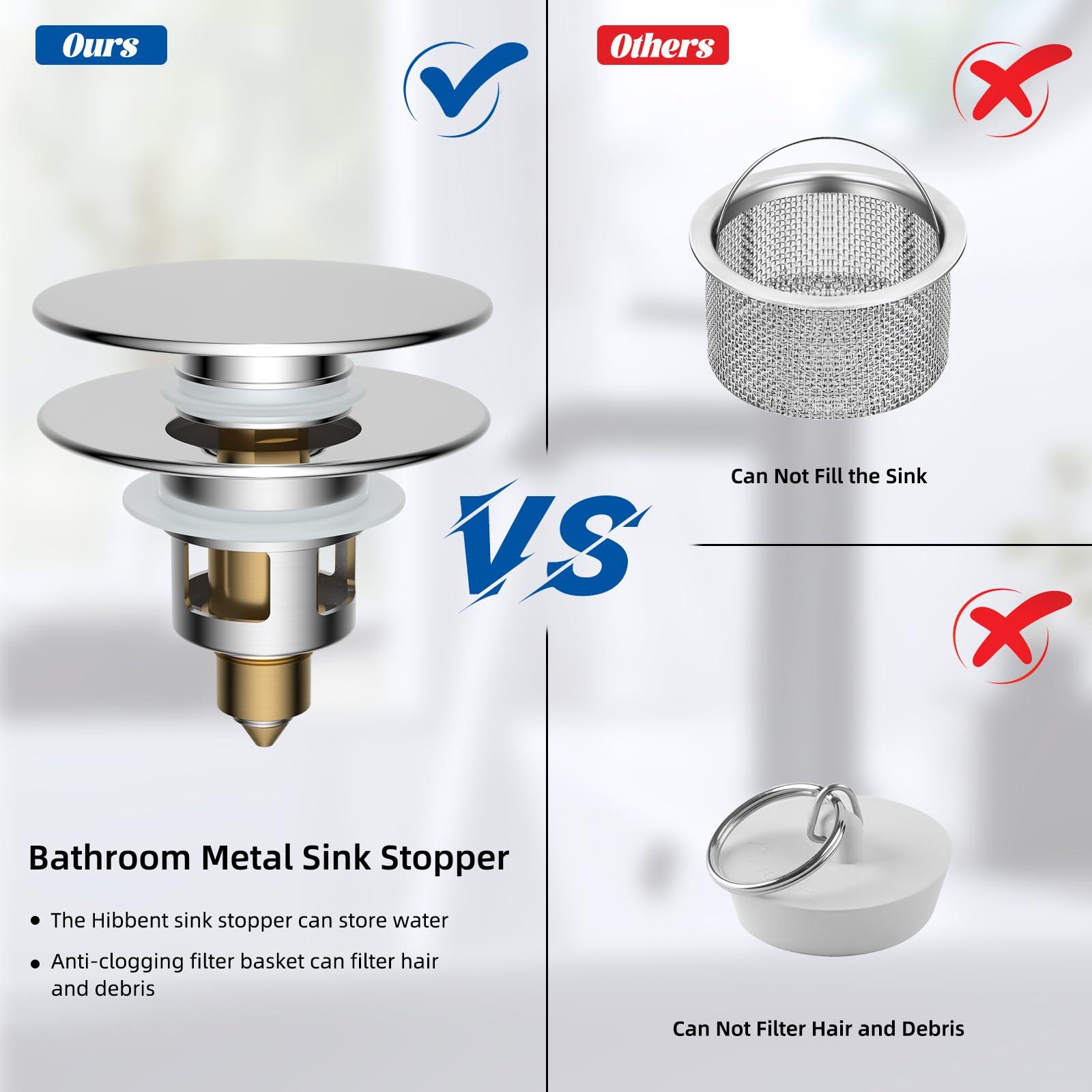 Hibbent All Metal 2 in 1 Bathroom Sink Stopper, Universal Pop Up Drain Strainer, Brass Bullet Core Push Type Sink Stopper for 1.1''~2.3'' Basin, Big Push Button, Anti Clogging Drain Filter, Chrome - Image 6