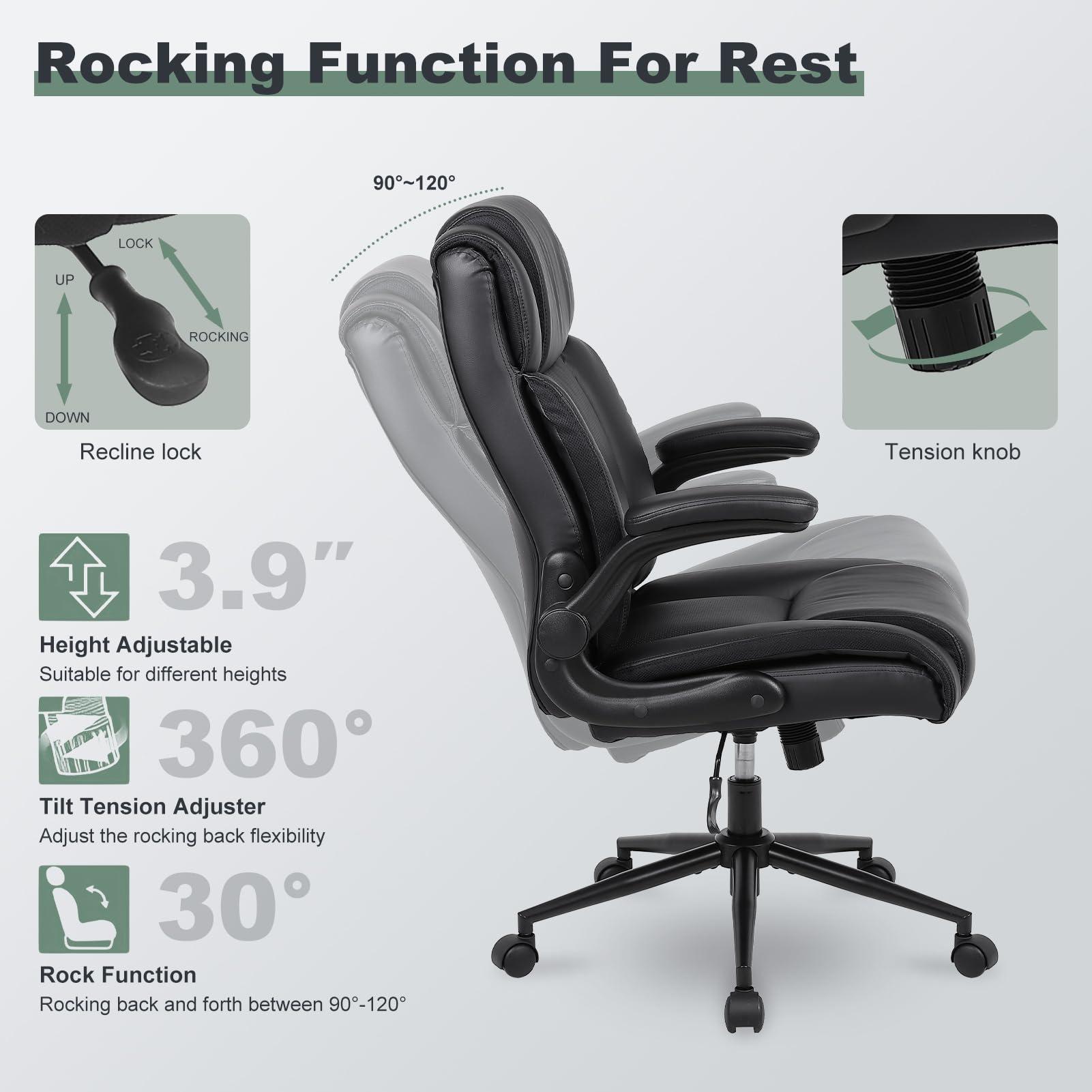 Ermnois Executive Office Chair with Thicken Flip-up Armrest, Ergonomic Home Office Desk Chair with Lumbar Support, Upholstered Leather Mid-Back Computer Gaming Chair for Home/Office, Black - Image 7