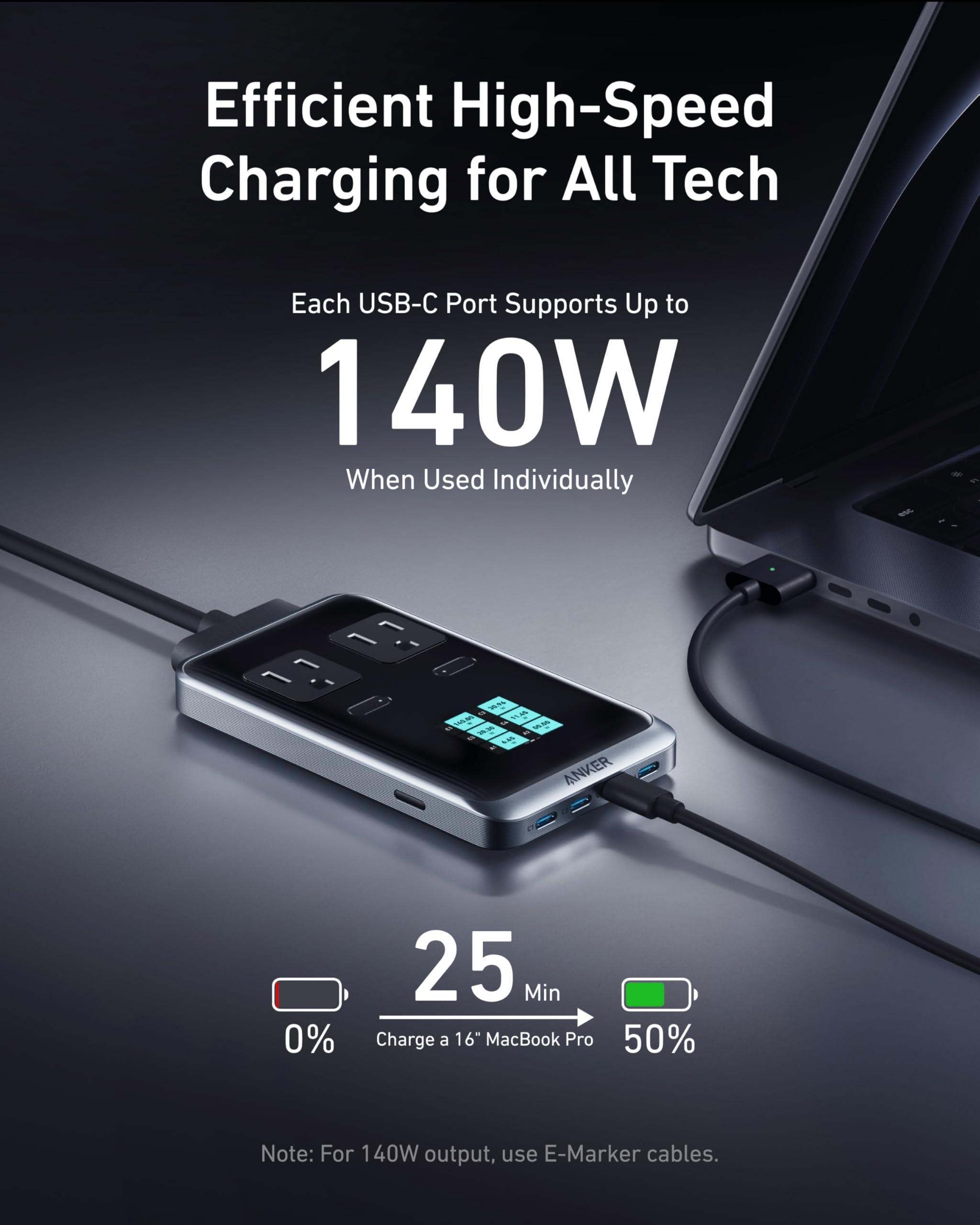 Anker Prime Charging Station, 240W 8-in-1 USB-C Power Strip, 5 ft Detachable Extension Cord, 2 AC, 4 USB-C, 2 USB-A, Works with iPhone 16/15,Desktop Accessory for MacBook,Home,Office (Not for Travel) - Image 4