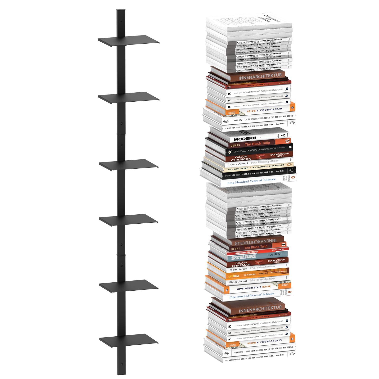 MQKIWAO Invisible Floating Bookshelf for Wall Mounted, 3 Pack Black Spine Book Tower, 6 Tier Vertical Book Organizers, Heavy Duty Metal Bookshelf for Home, Office, Bedroom, Kids Room