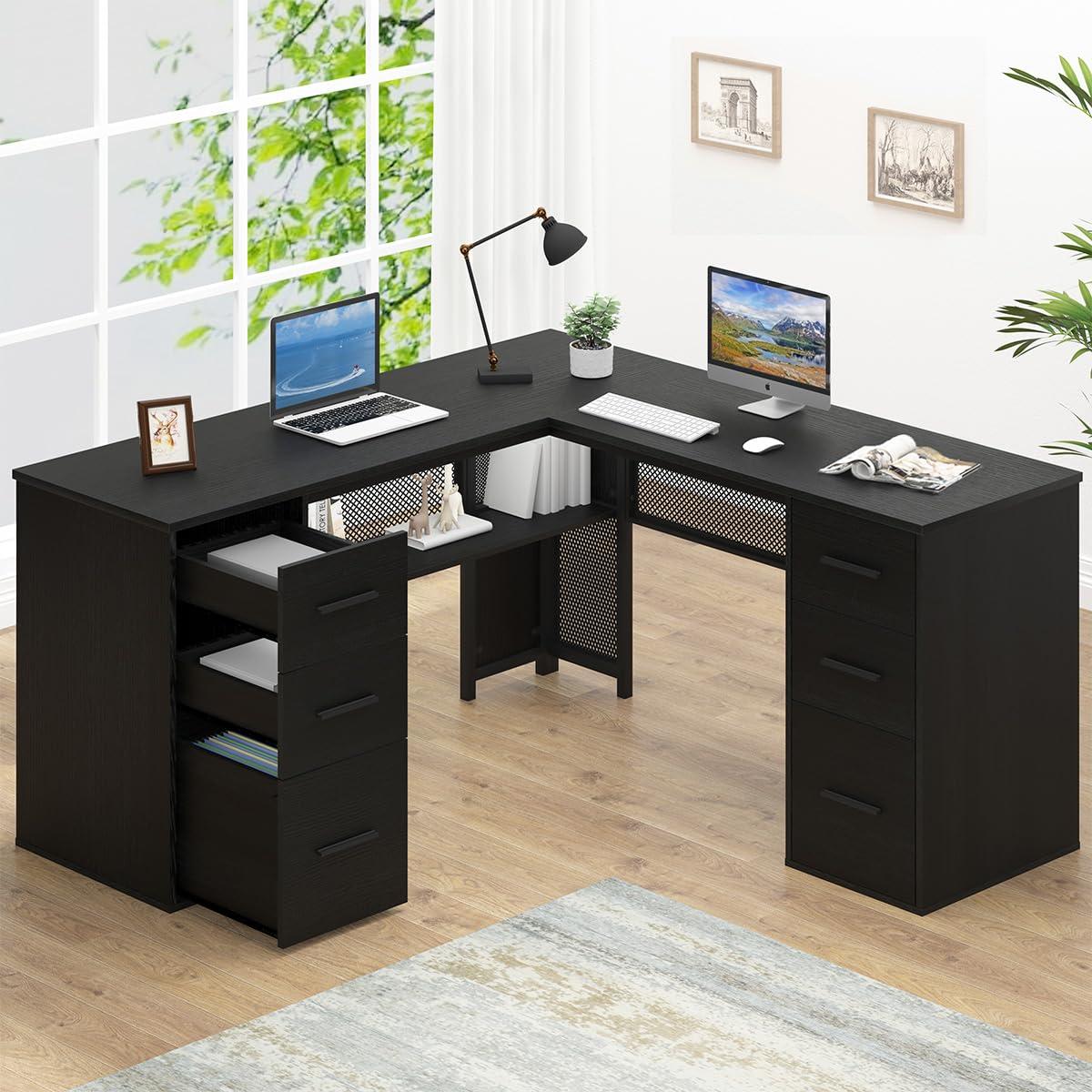 HSH Black L Shaped Desk with File Drawers Shelves, Reversible Corner Metal Wood Computer Desk with Storage Cabinet, Modern Large Executive Work Writing Study Table for Home Office Bedroom, 59 Inch - Image 3