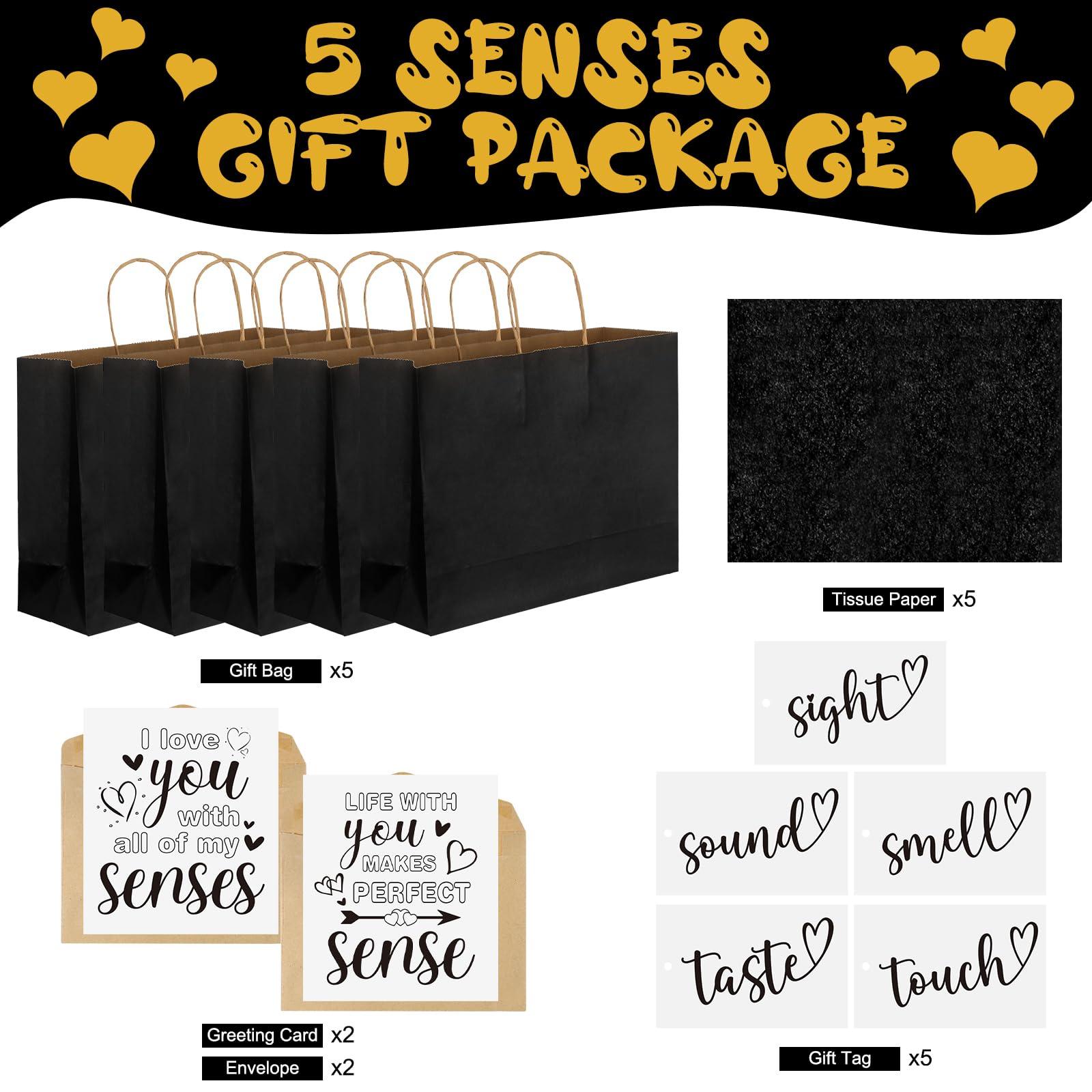 Kolldenn 5 Senses Gift Tags Kraft Paper Bag Set for Husband Wife 5 Sense Gift Bags Tissue Paper Greeting Card label for Him Her Couple Valentine Christmas(12.6 x 4.3 x 9.8 Inch,Black) - Image 3