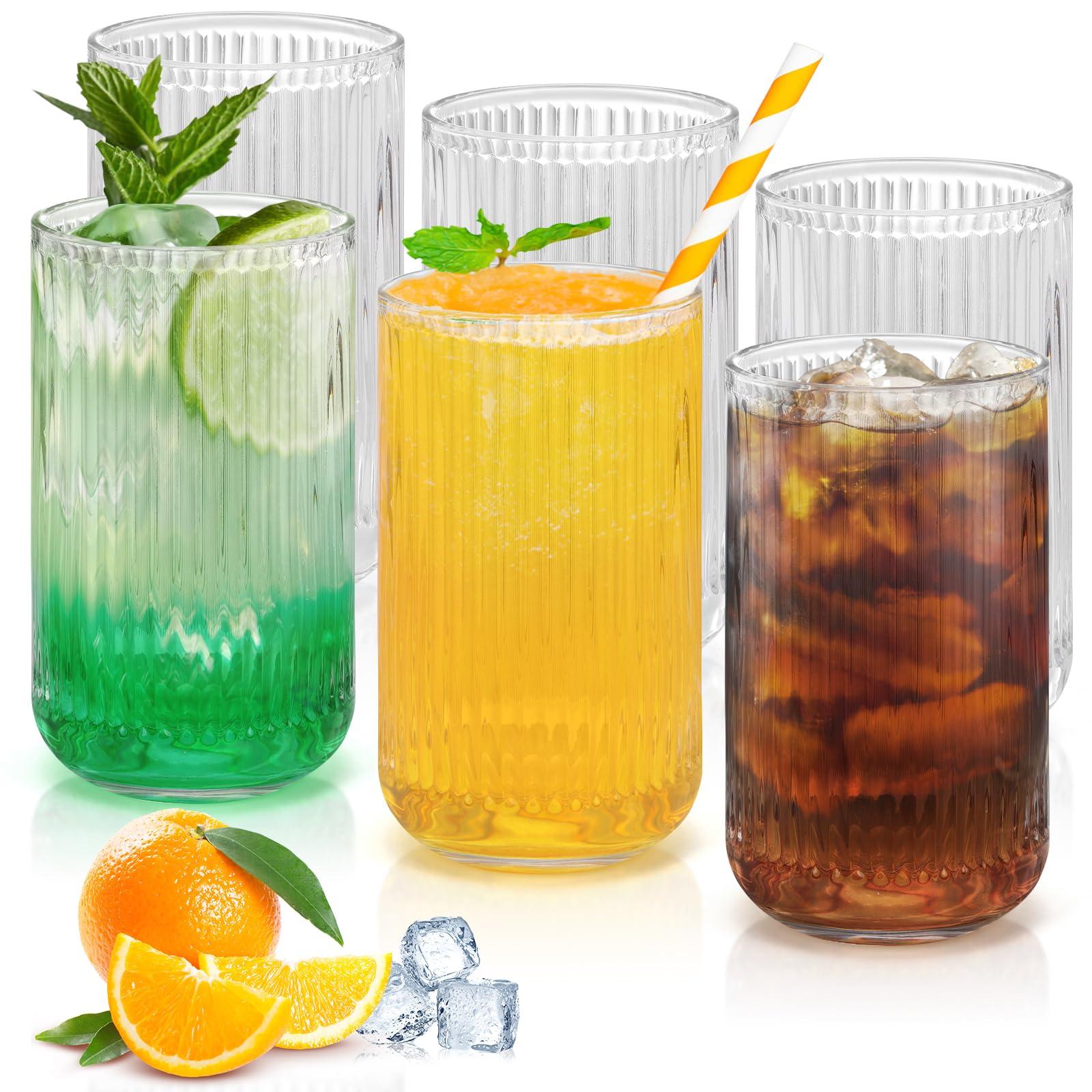 Topsky Vintage Ribbed Drinkware Set of 6, 320ml Origami Style Drinking Glass,11 oz Transparent Glass Cups Wine Glasses for Whisky,Beer,Juice,Cocktail,Heavy Duty