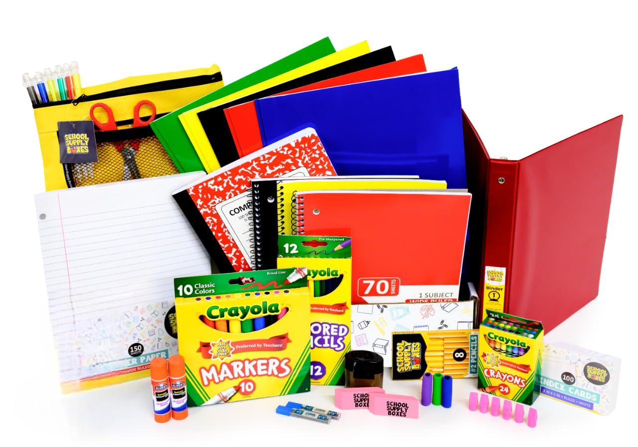 Elementary School Essentials Bundle | 1 Box - 91 Pieces per Box | School Supply Boxes - Back to School Essentials | Includes Binders, Folers, Notebooks, Filler Paper, Pencils, Notecards, Pens, & More