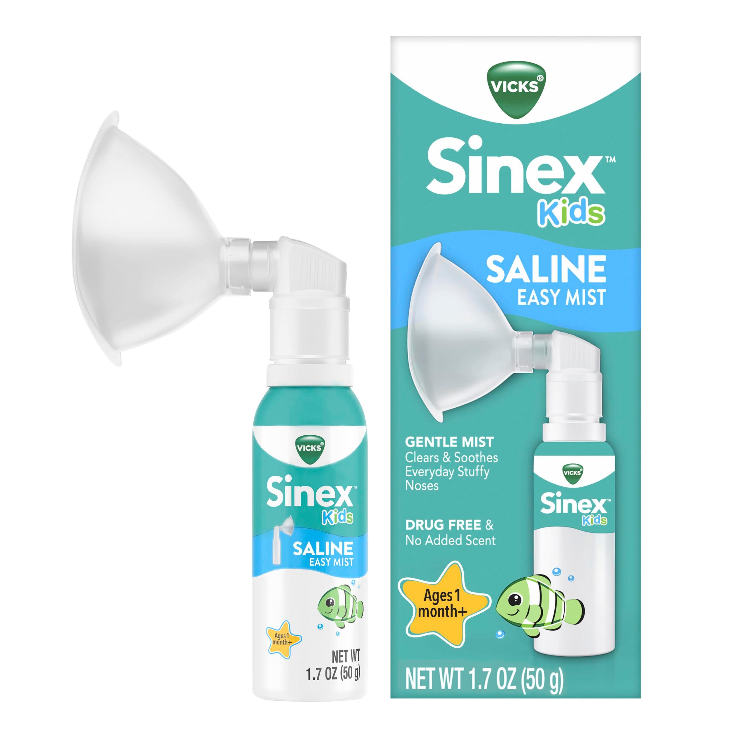 Vicks Sinex Kids Saline Easy Mist, Drug Free Saline, Ages 1 Month+, Gently Clears and Soothes Everyday Stuffy Noses, Safe for Daily Use, 1.7 OZ