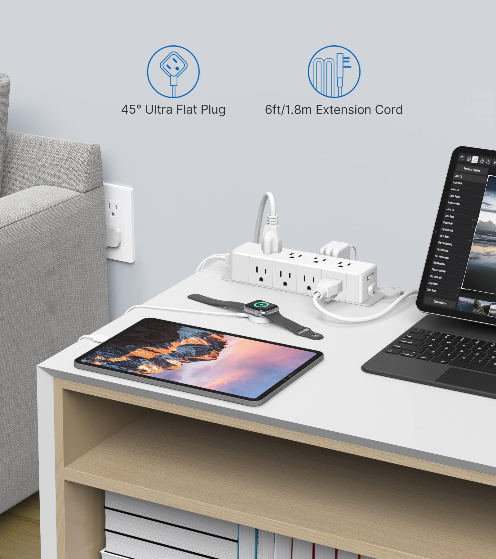 30W USB C Power Strip Surge Protector,Ultra Thin Flat Plug Power Strip 4 Side 12 Outlets,PD Fast Charing,2 USB-C, 2 USB-A(4 USB Total 40W),6ft Slim Extension Cord,16 in 1 Desk Power Bar,1200J White - Image 9