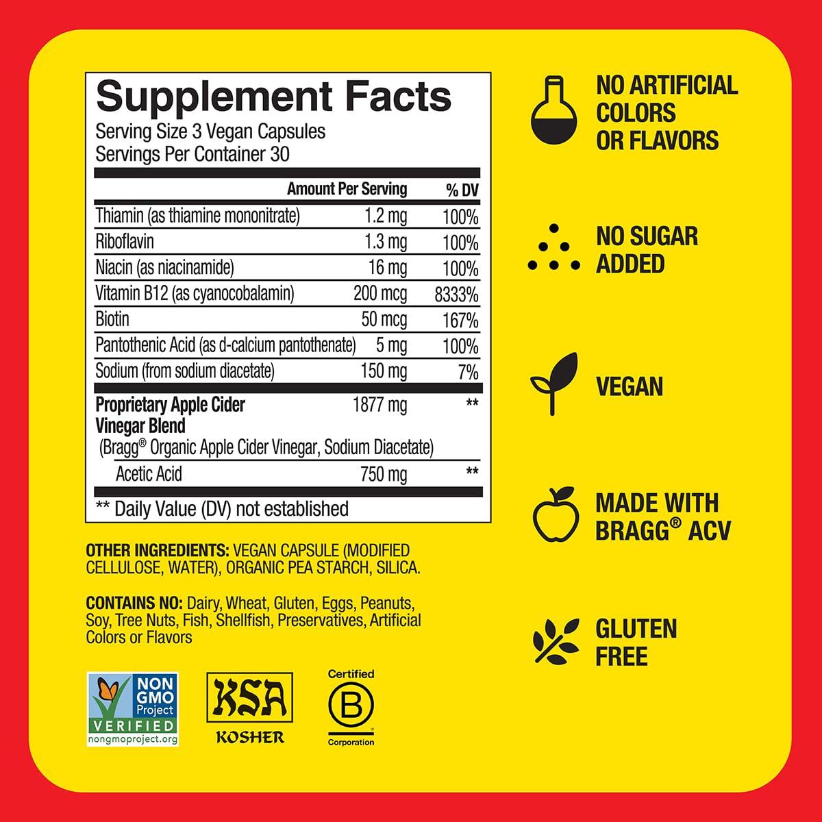 Bragg Energy Apple Cider Vinegar Capsules with B-12 Vitamins - 90 Capsules - Weight Management - Non-GMO, Vegan, Gluten Free, No Sugar - Helps Generate Energy at Cellular Level for Men and Women - Image 7