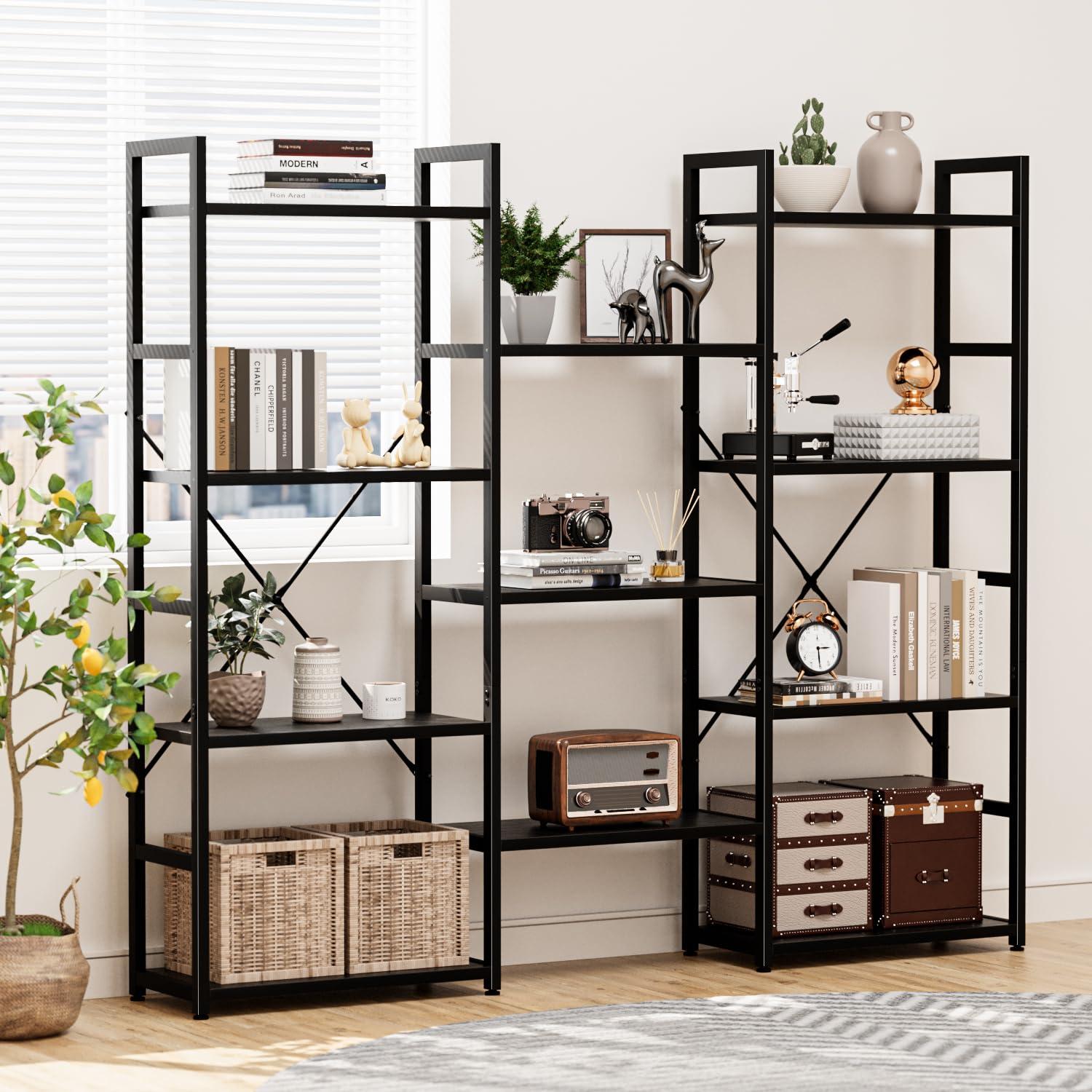 NUMENN Triple Wide 4 Tier Bookshelf, Adjustable Rustic Industrial Style Bookcases with 11 Open Display Shelves, Modern Tall Bookcase Furniture for Bedroom, Living Room and Home Office, Black - Image 6