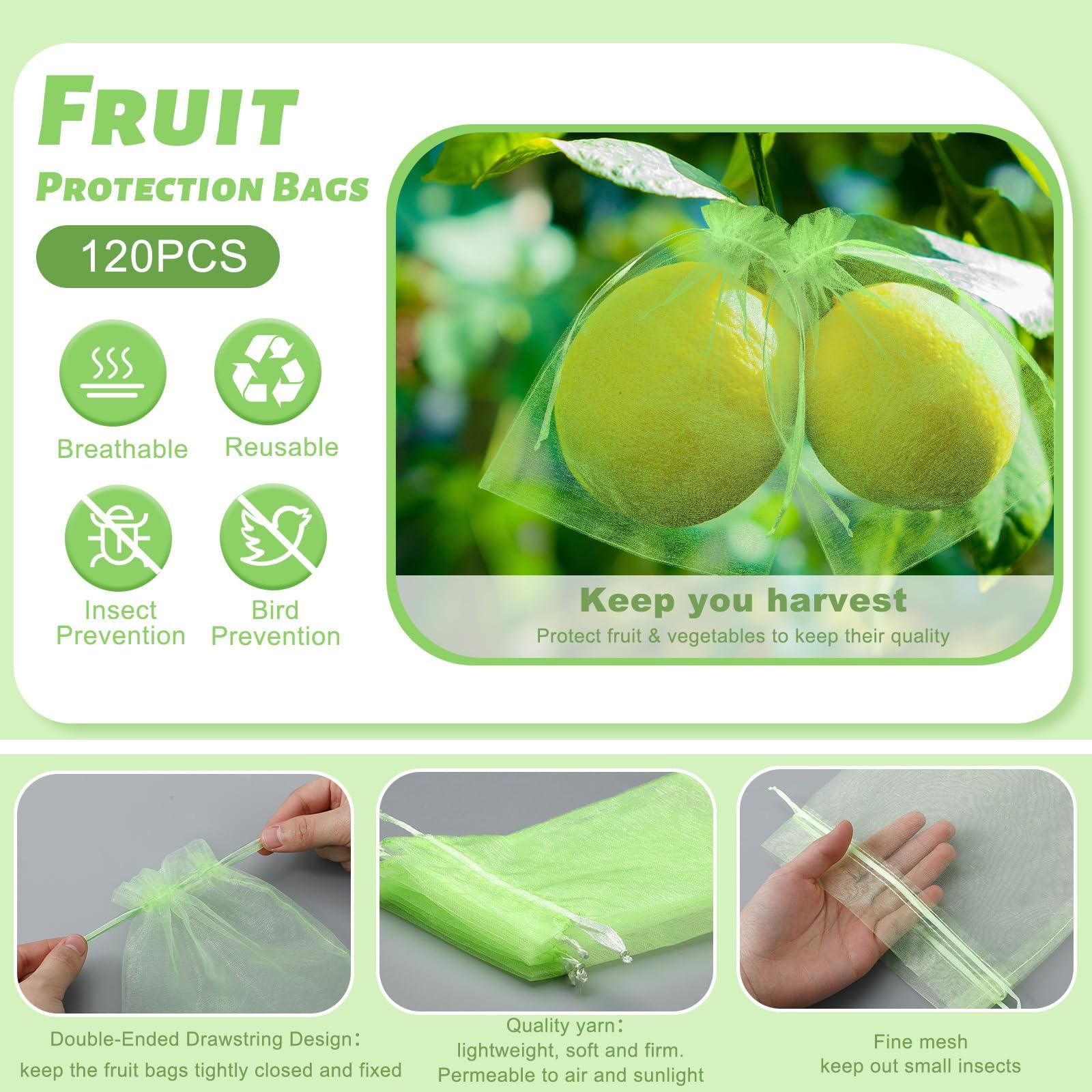 Reallnaive 120 Pcs Fruit Protection Bags 3 Size Green Mesh Bags for Fruits Vegetables with 120 Pcs Plant Label Drawstring Mesh Pest Barrier Netting Cover for Veggies Garden - Image 3