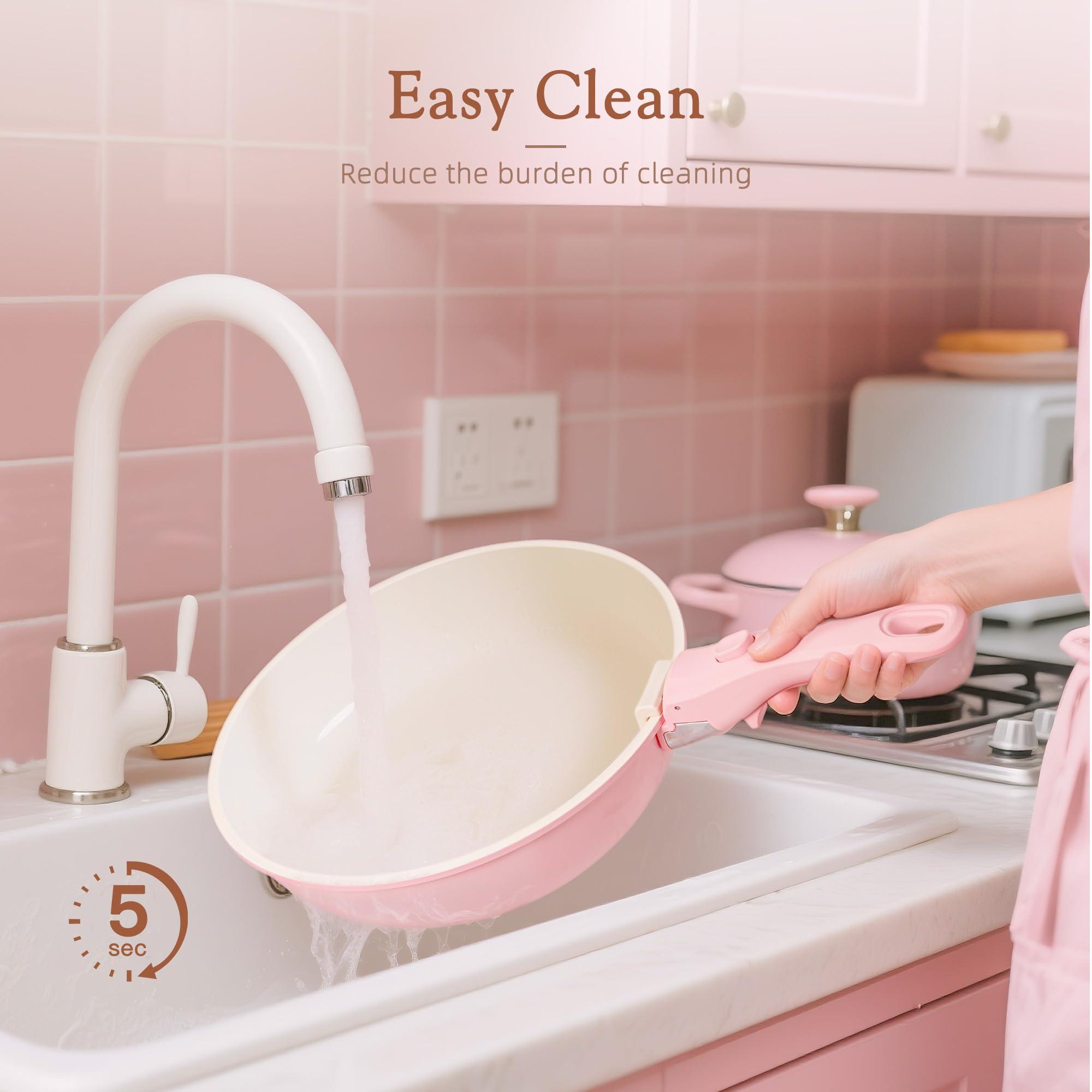 Astercook 21 Pcs Pots and Pans Set Non Stick, Ceramic Cookware Set Detachable Handle, RV Kitchen Cooking Set Removable Handles, Oven Safe, Induction Ready, Stackable Non-stick Set, Pink - Image 8