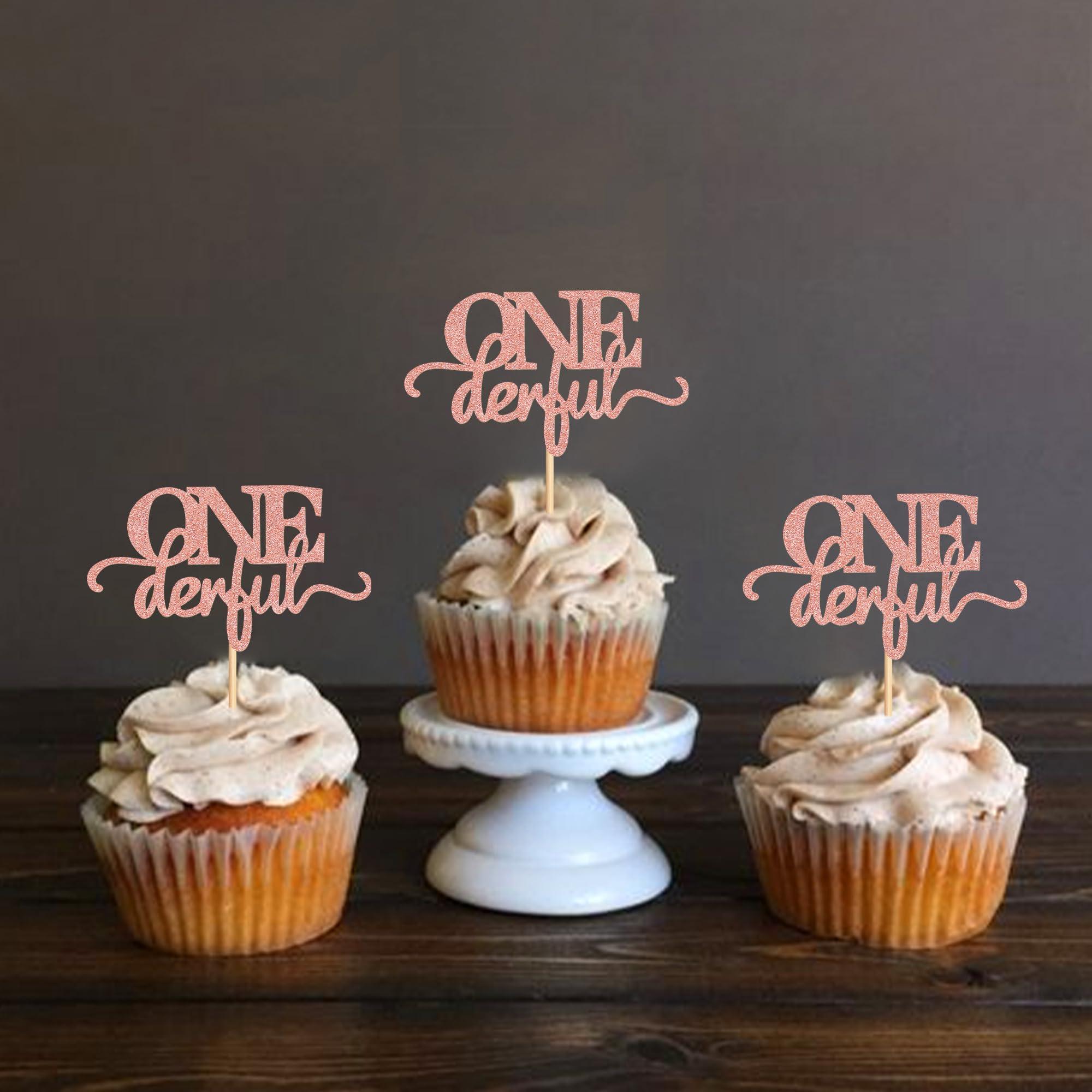 Ercadio 24 Pack Onederful Cupcake Toppers Rose Gold Glitter Onederful Cupcake Picks Onederful Cupcake Decorations for Baby Shower Kids first Birthday Theme Party Cake Decoration Supplies - Image 3