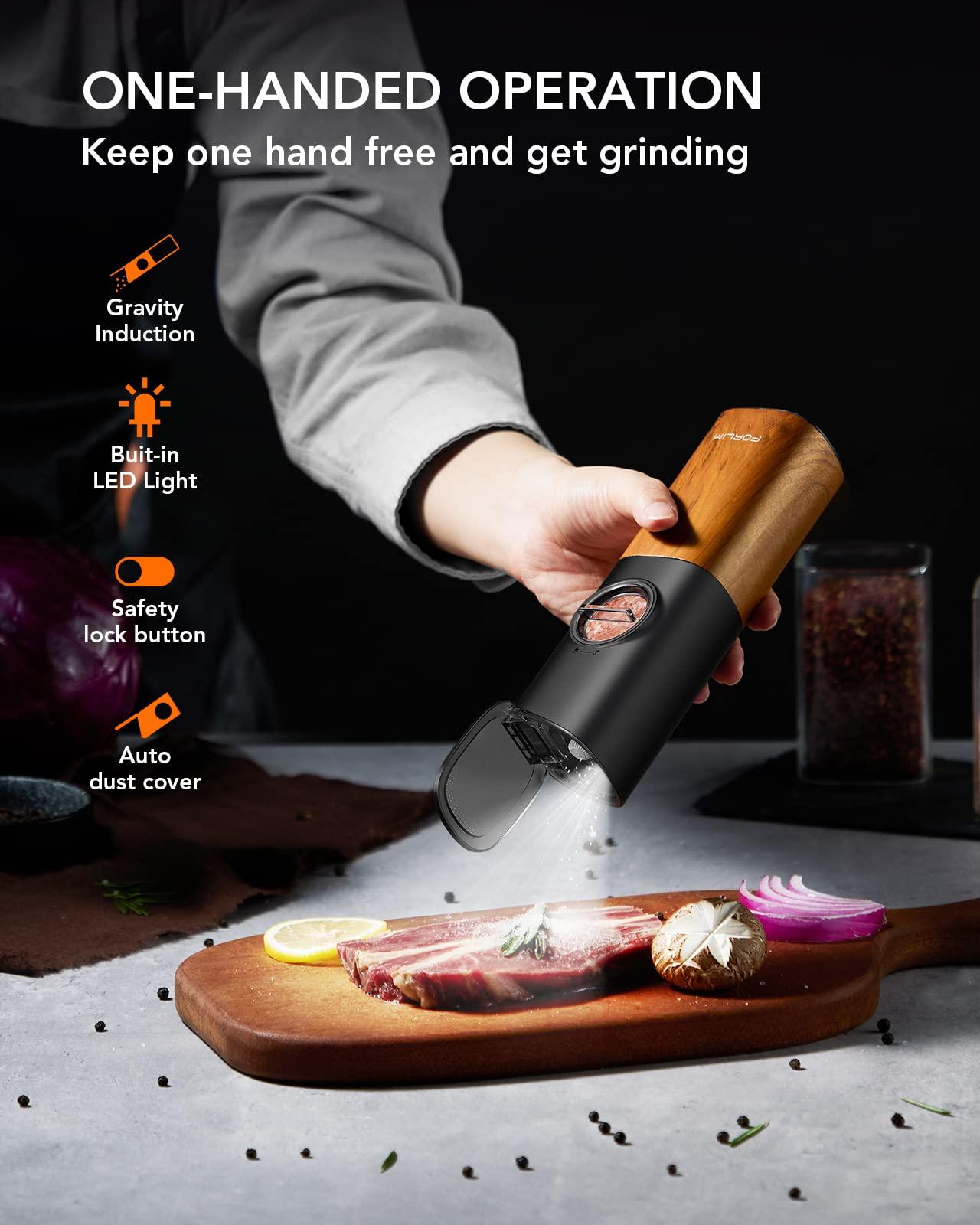 FORLIM Gravity Electric Salt and Pepper Grinder Set, Upgraded Large Capacity, USB Rechargeable Pepper grinder Automatic One Hand Operated, Adjustable Coarseness with LED Light（Natural Wood Grain） - Image 3