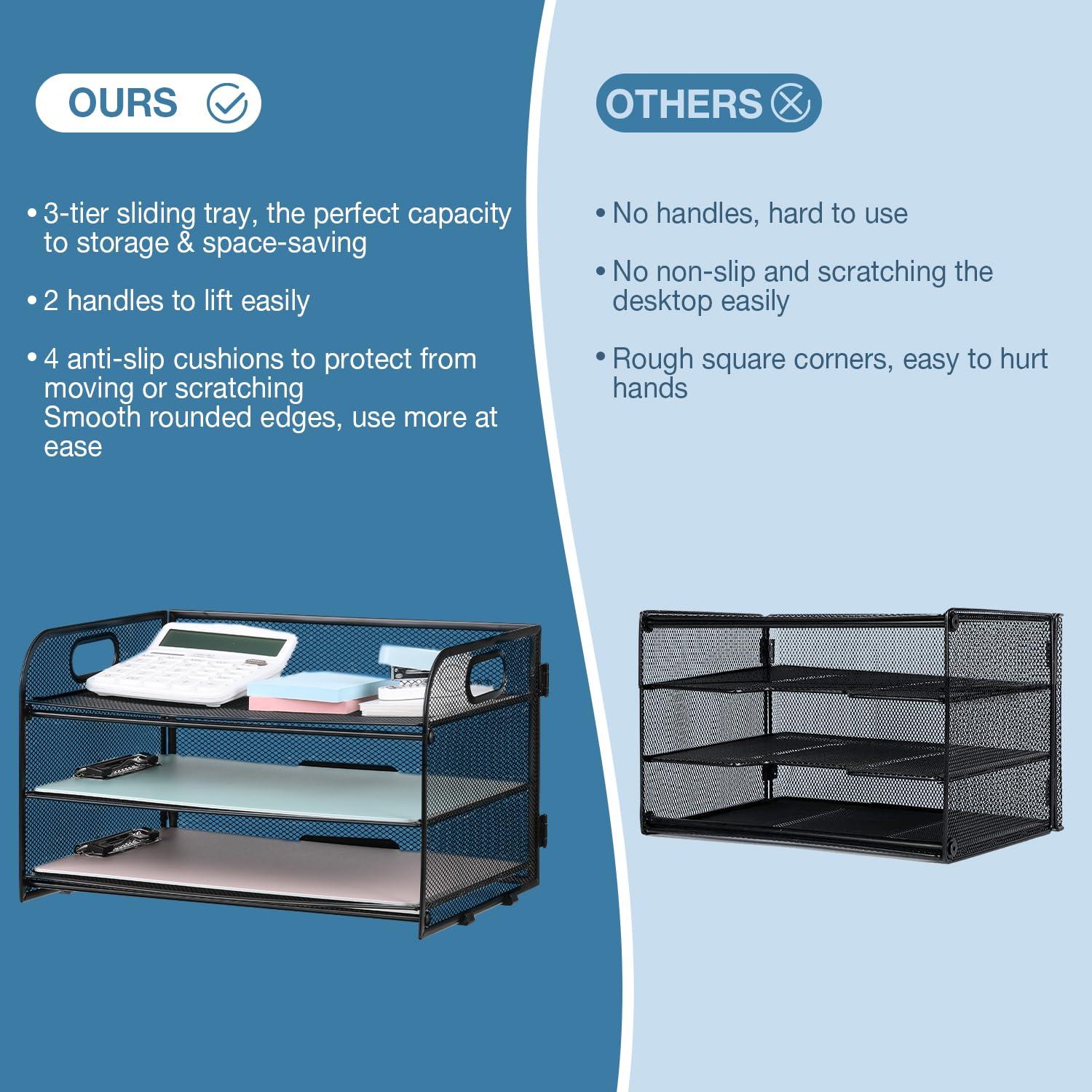 NCXTKJ 3-Tier Letter Tray Paper Organizer with Handle, Compact Mesh Desk File Organizer for Home Office Supplies Desktop Accessories,Black - Image 4
