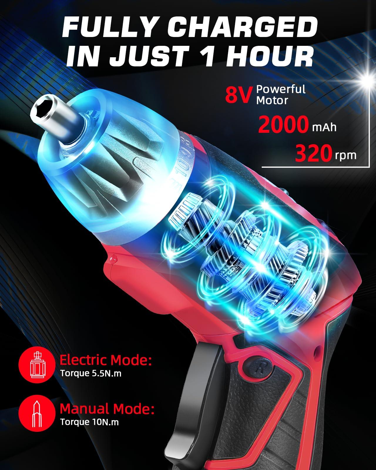 Cordless Electric Screwdriver Set, 8V Max 10Nm Rechargeable Power Electric Drill, Battery Screw Gun with 28pcs Driver Bit Set, 320RPM/10+1 Torque Setting, 2 Position Handle, Flexible Shaft LED Light - Image 2