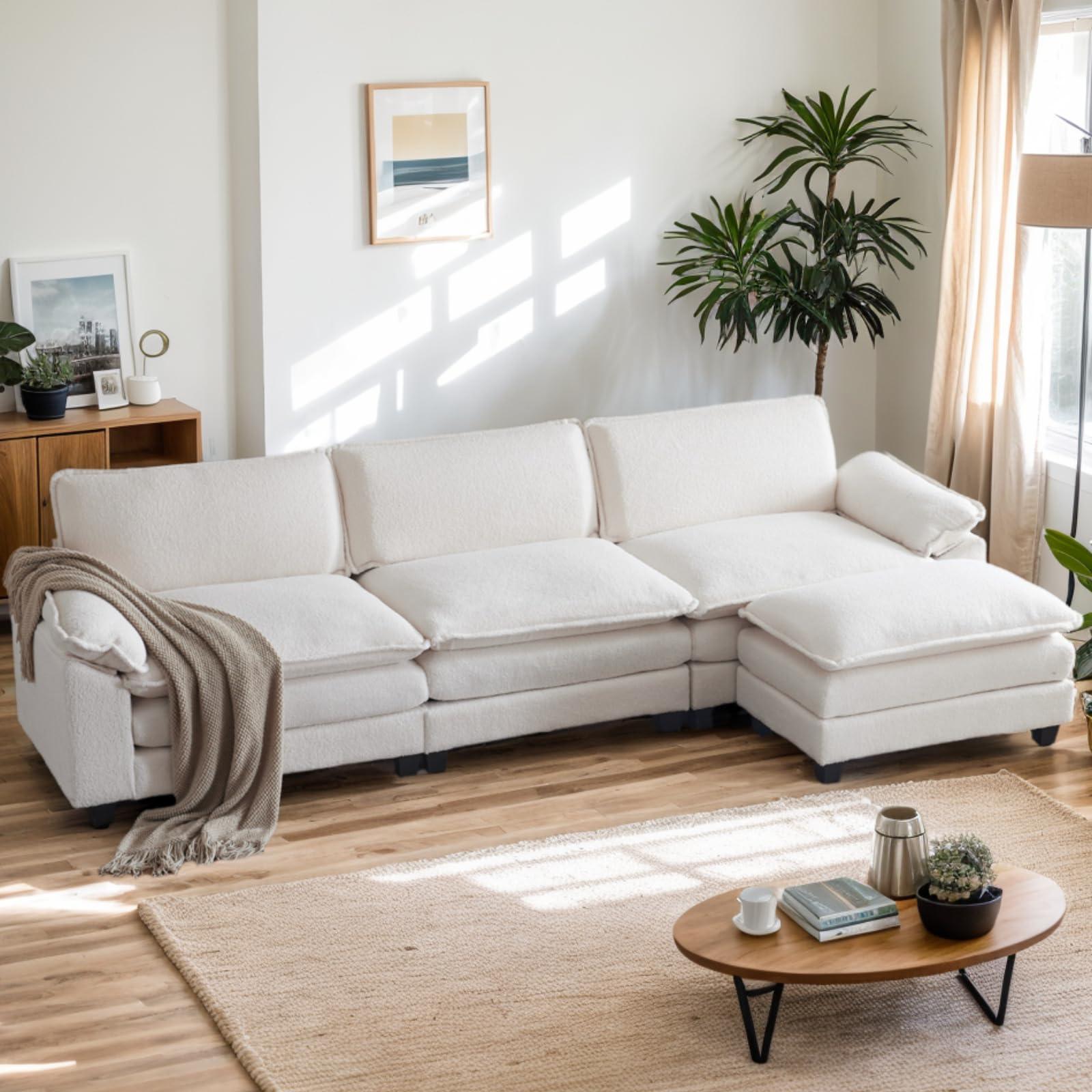 Karl home Sectional Sofa Modular Deep Seat Sofa Couch with Ottoman, Teddy Fleece Sofa Sleeper Comfy Upholstered Furniture for Living Room, Apartment, Studio, Office, (3-Seat & 1-Ottoman, Teddy Beige)