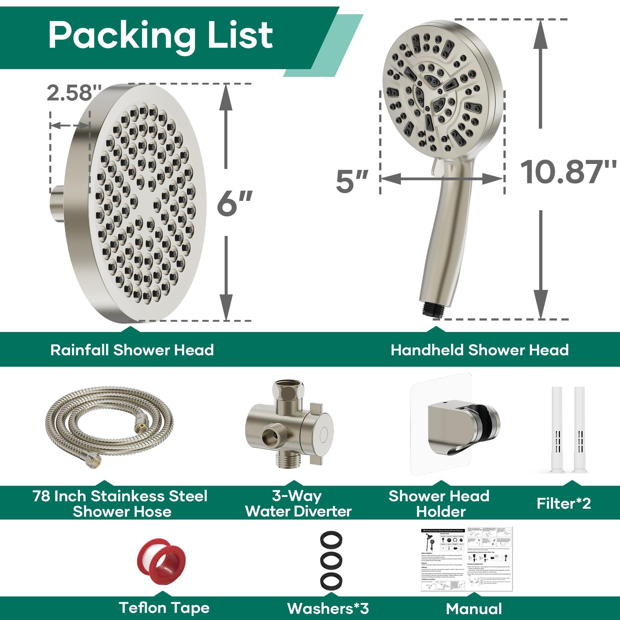 UltrTxenova Shower Head with Handheld Spray Combo,6" High Pressure Rain ShowerHead,5" Dual Double Handheld Shower Head with 10-Mode 78" Hose Brushed Nickel - Image 2