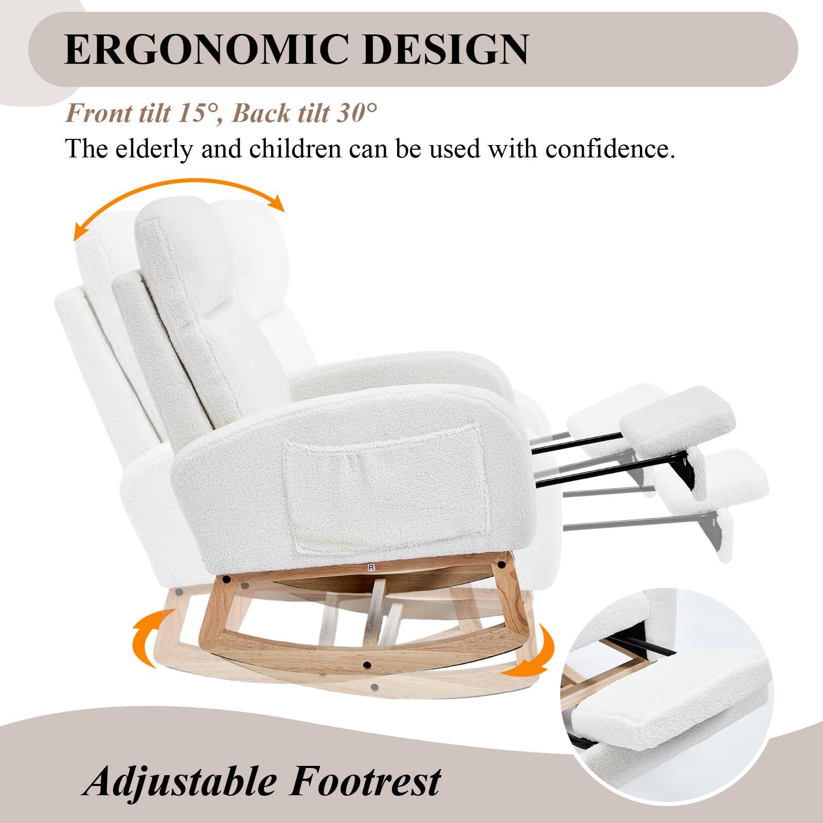 NIOIIKIT Oversized Nursery Rocking Chair, Teddy Upholstered Glider Chair with Footrest, Large Glider Rocker with Side Pocket, Rocking Accent Chair, Glider Recliner for Living Room (White Teddy) - Image 4