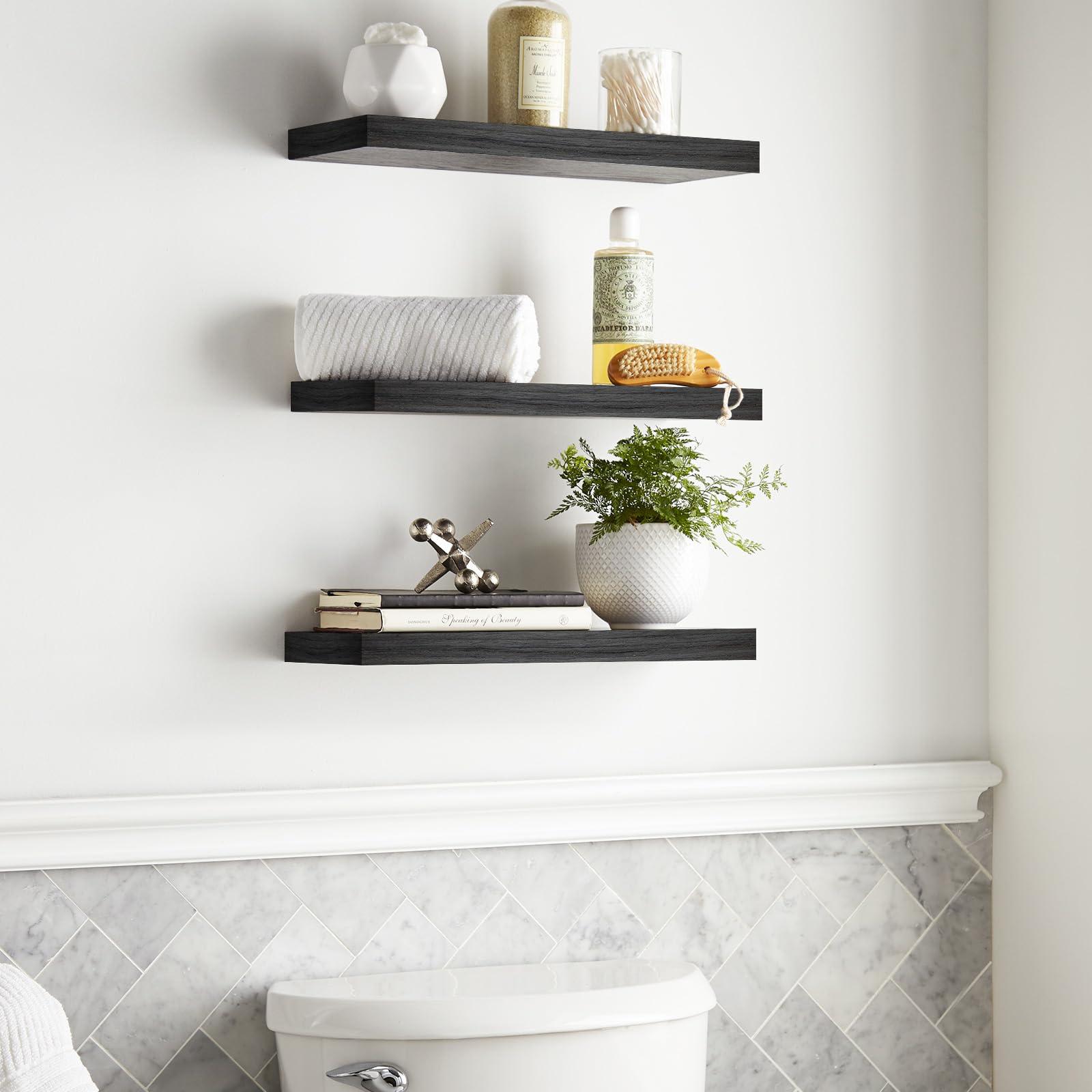 BAYKA Floating Shelves for Wall, Wall Mounted Rustic Wood Shelves for Bathroom, Bedroom, Living Room, Kitchen, Hanging Shelf for Books/Storage/Room Decor with 22lbs Capacity (Black, Set of 3, 15.7in) - Image 5