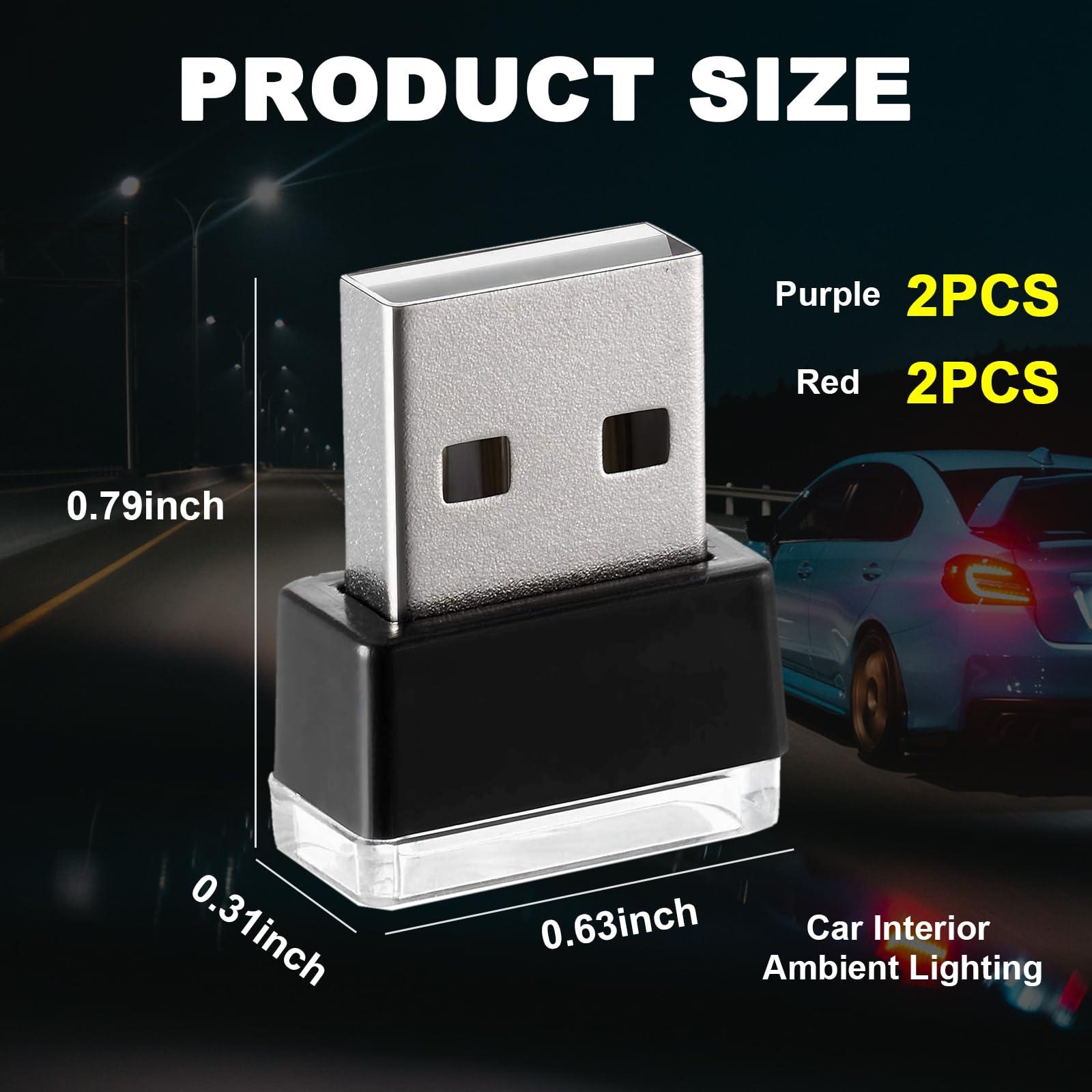 Ziciner 4 PCS USB LED Car Interior Atmosphere Lamp, Portable Mini LED Night Light, Plug-in USB Interface Trunk Ambient Lighting Kit, Universal Interior Accessories (Red+Purple) - Image 2
