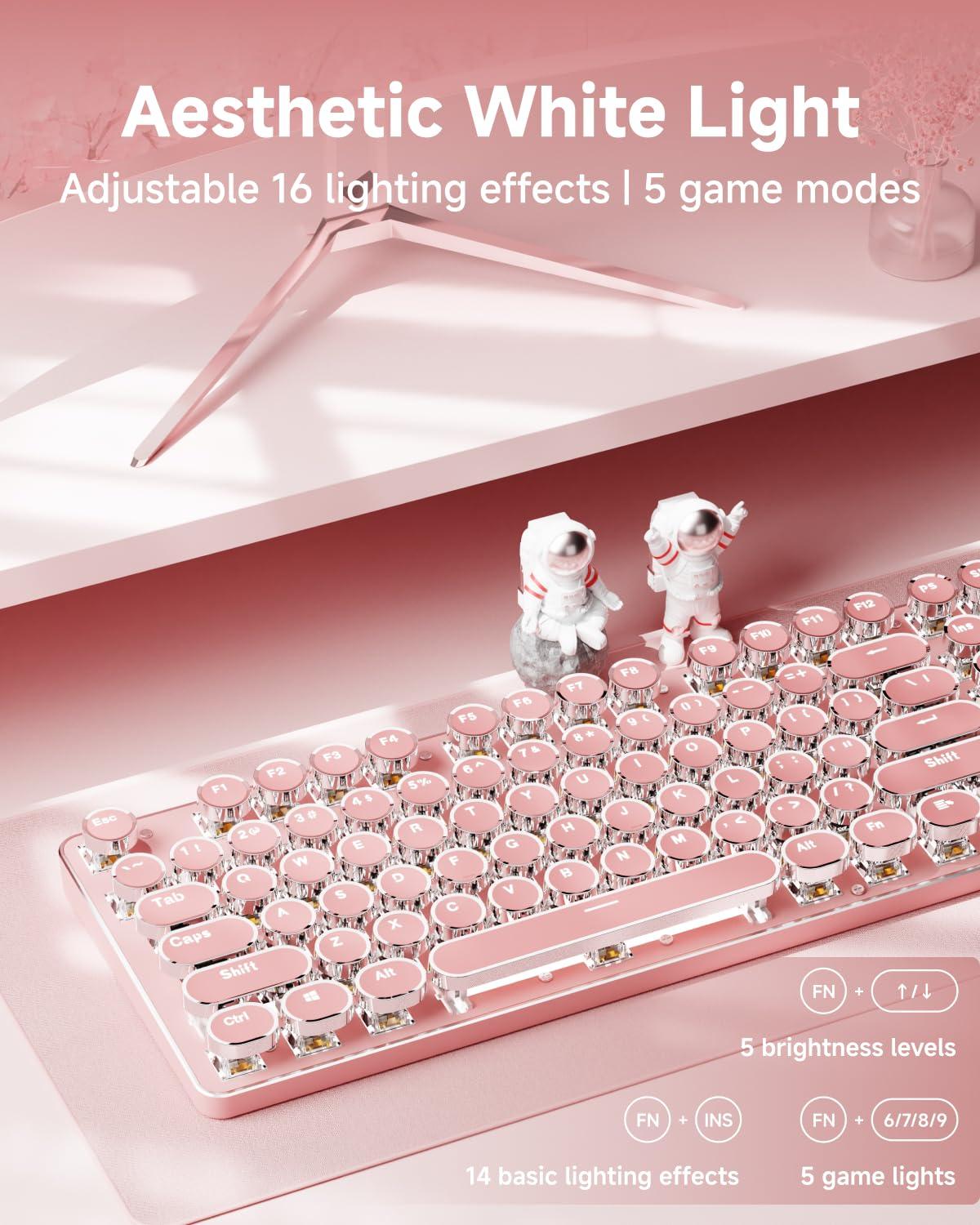 EWEADN TK950 Typewriter Keyboard Wireless Mechanical Keyboards, 104 Keys Aesthetic Typewriter Keyboard with White Backlit, Anti-Ghosting, Blue Switch Bluetooth/2.4GHz/USB-C Wired Cute Keyboards-Pink - Image 4