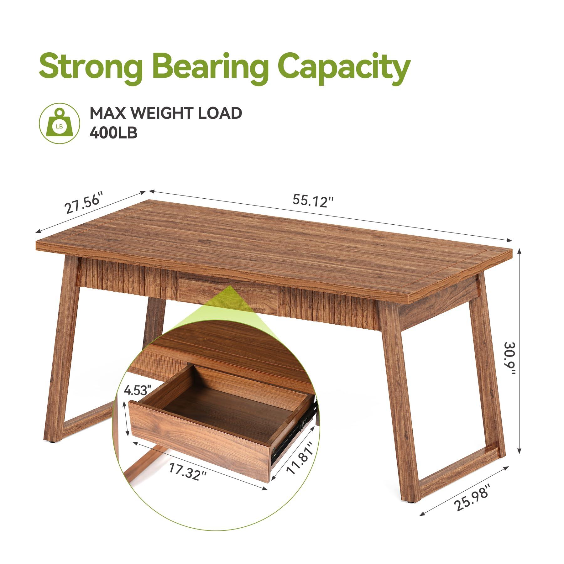 LITTLE TREE 55-Inch Home Office Desk with Drawer, Modern Minimalist Style Wooden Simple Study Writing Table, Mid-Century Log Executive Desk, Computer Desk, PC Laptop Desk Workstation, Walnut Brown - Image 3