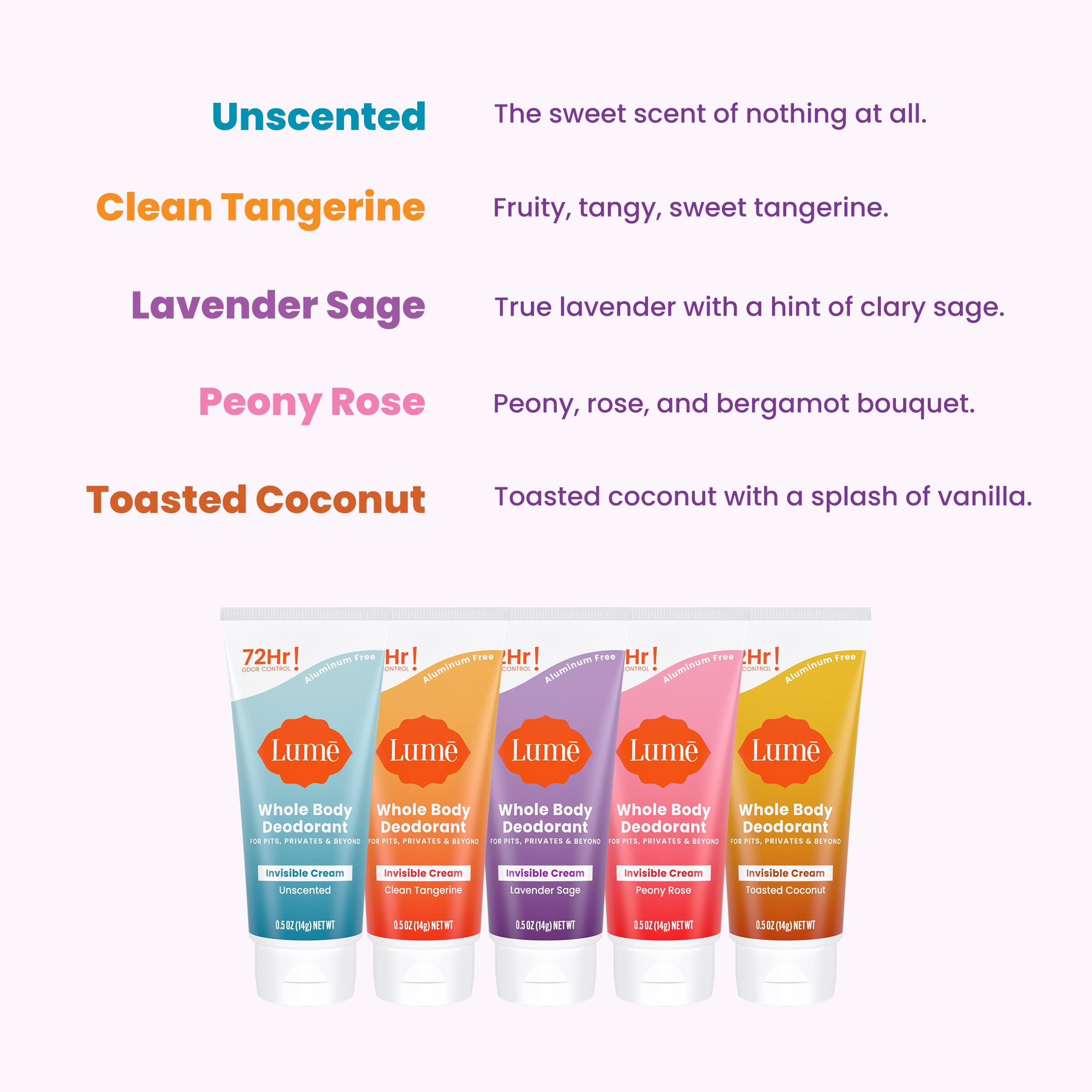 Lume Whole Body Deodorant 5 Pack Sampler - Invisible Cream Minis - 72 Hour Odor Control - Aluminum & Baking Soda Free (Clean Tangerine, Lavender Sage, Peony Rose, Toasted Coconut, Unscented) - Image 3