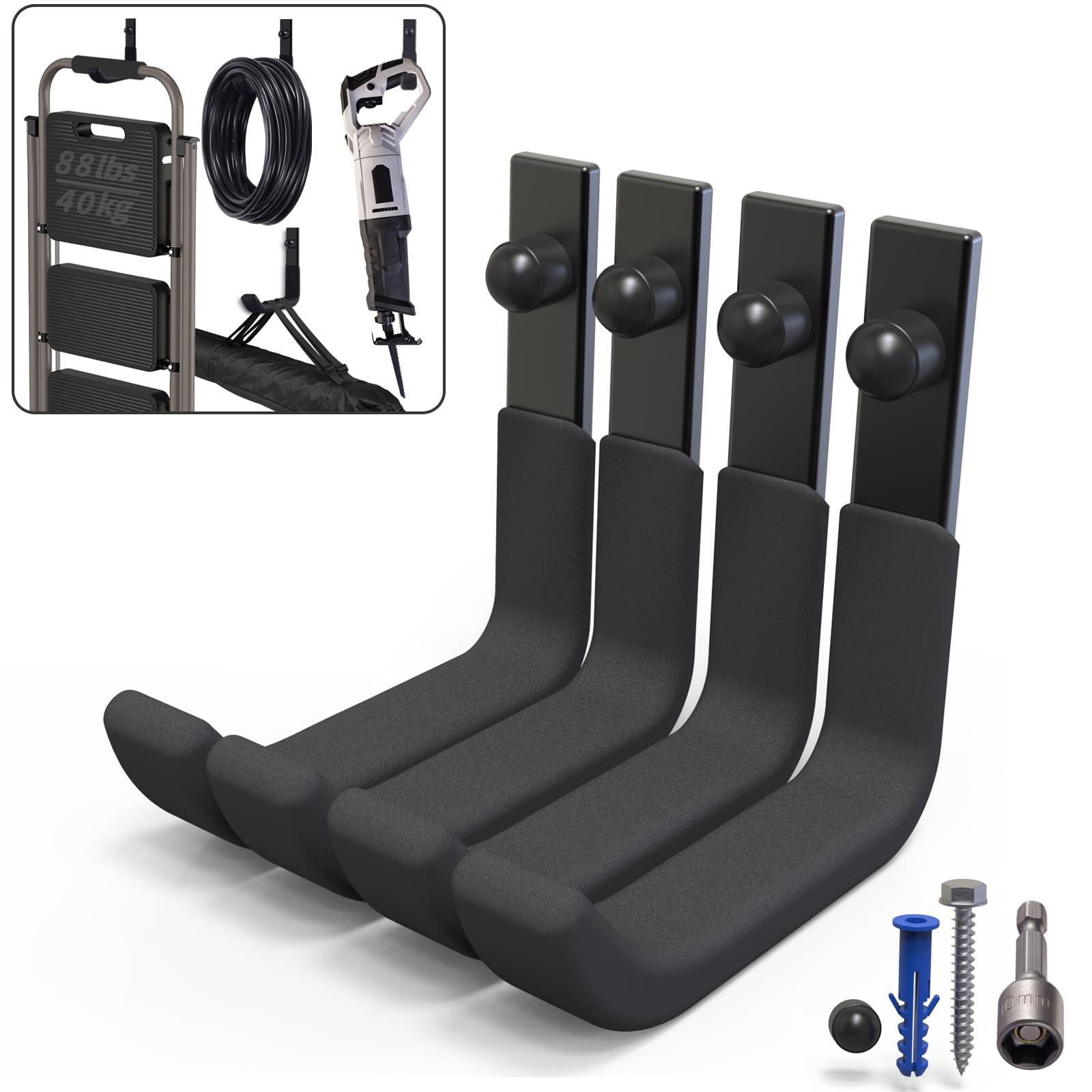 4 Pack Garage Storage Hooks, Ladder Hangers, Steel Wall Mount Hooks, Utility Hooks for Hanging Heavy Duty Shed Tools, Ropes, Garden Hoses, Shovel, Bulk Items, etc.（88lbs, 4Inch）