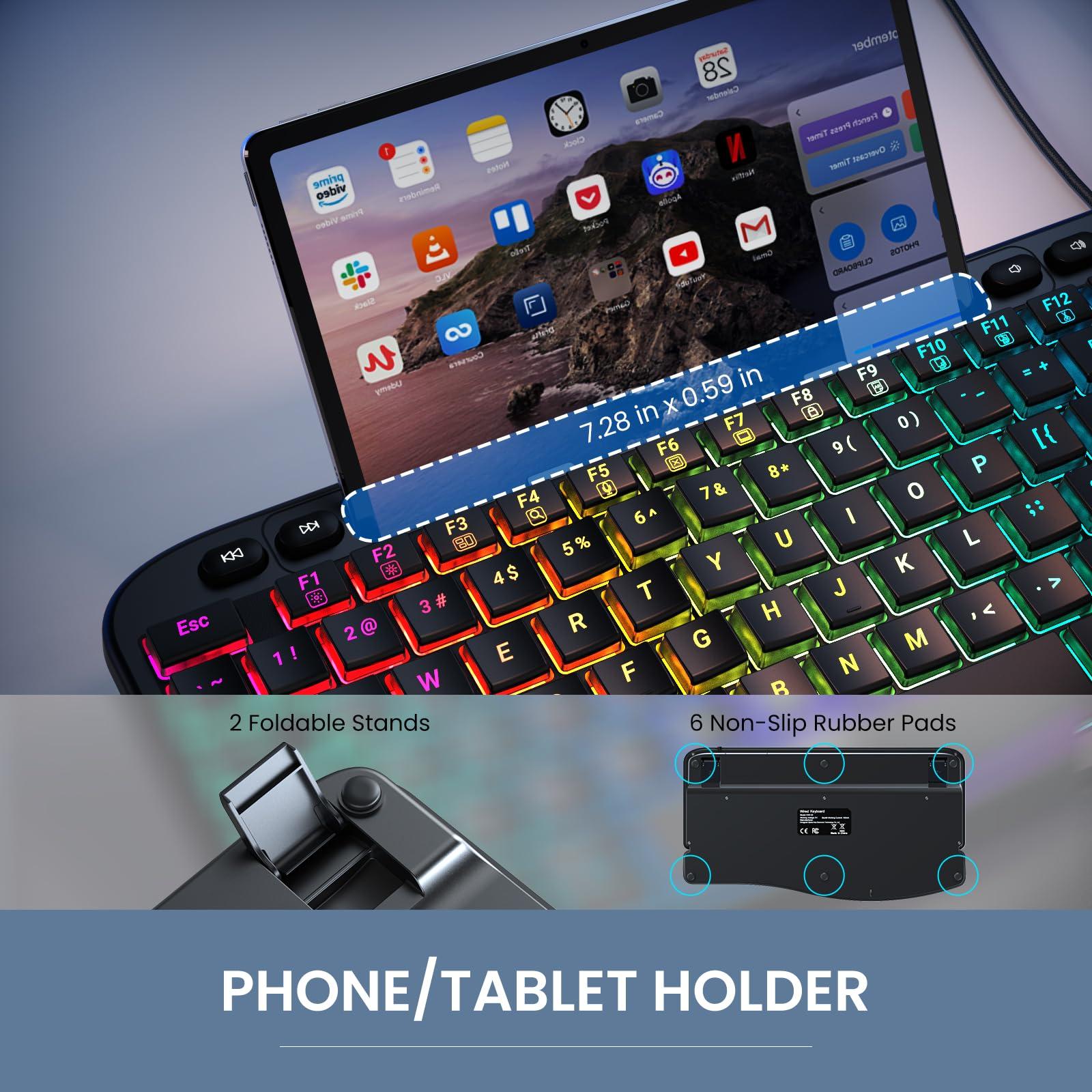 VEILZOR Ergonomic Backlit Keyboard with Wrist Rest, 7 Colors USB Wired Computer Keyboard, Wave Keys, with Phone/Tablet Holder, Comfortable Lighted Keyboard for PC, Windows and Mac - Image 6