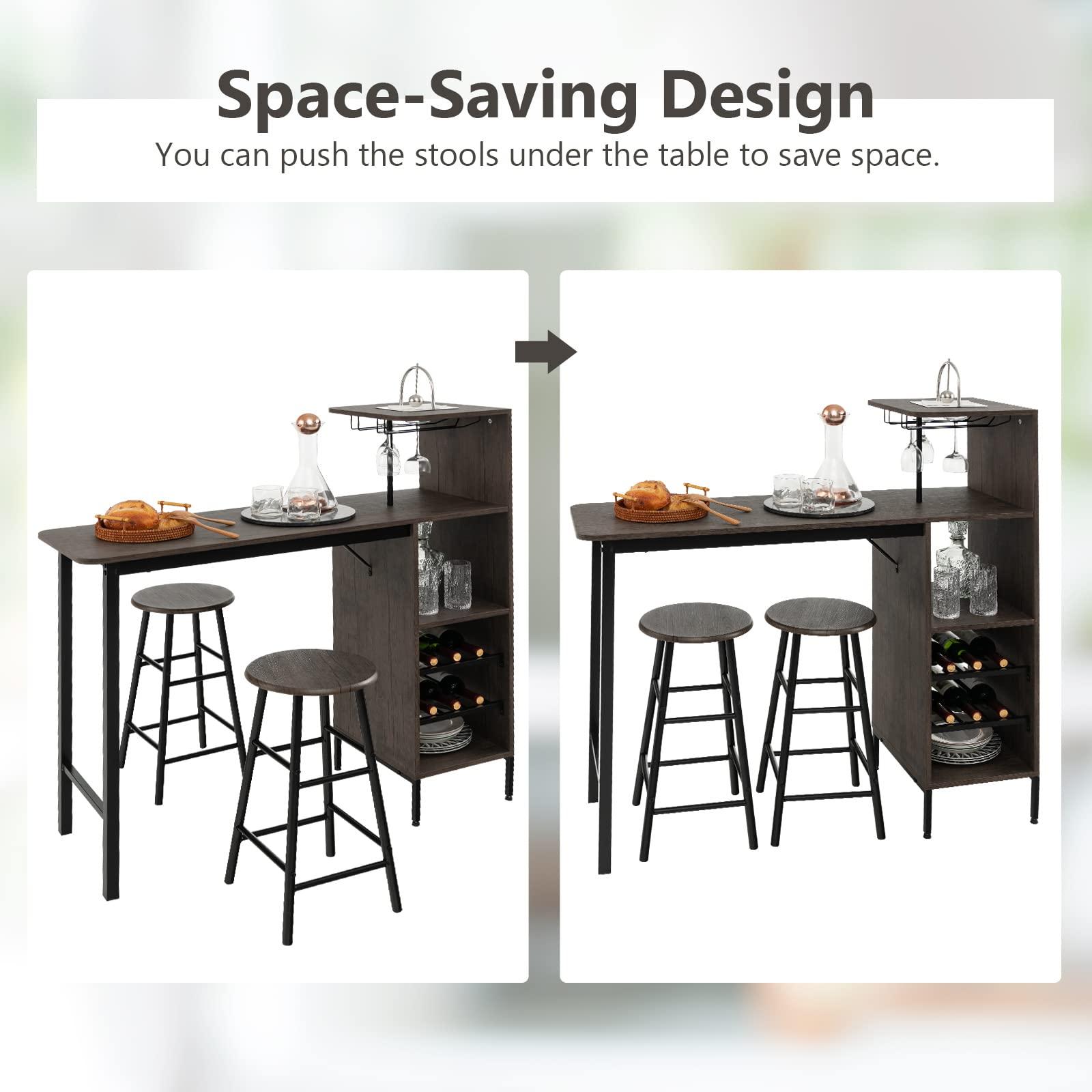 GOFLAME Bar Table and Chairs Set for 2, Counter Height Dining Table Set with Shelves, Cup Holder & Wine Rack, Breakfast Table & Chair Set, 3-Piece Pub Table Set for Kitchen, Dining Room - Image 6