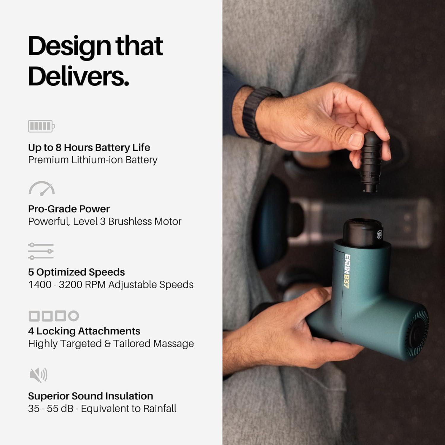 Ekrin Athletics B37v2 Massage Gun - Deep Tissue Massage with High-Powered Brushless Motor - Ergonomic Back Massager for Pain Relief - 5 Speeds, 4 Attachments - Ultra Quiet Hand-Held Massager - Image 5